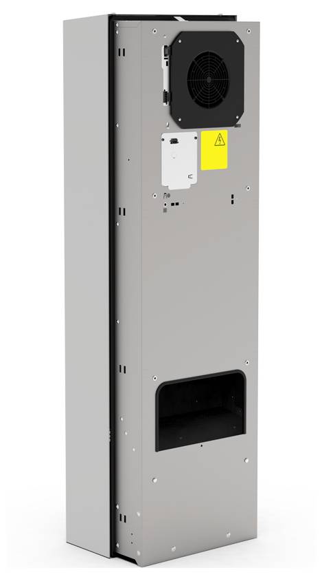 Einfaches, rechteckiges silberfarbenes Gehäuse mit Lüfter oben und rechteckigem Ausschnitt unten, vermutlich ein elektronisches Gerät.
