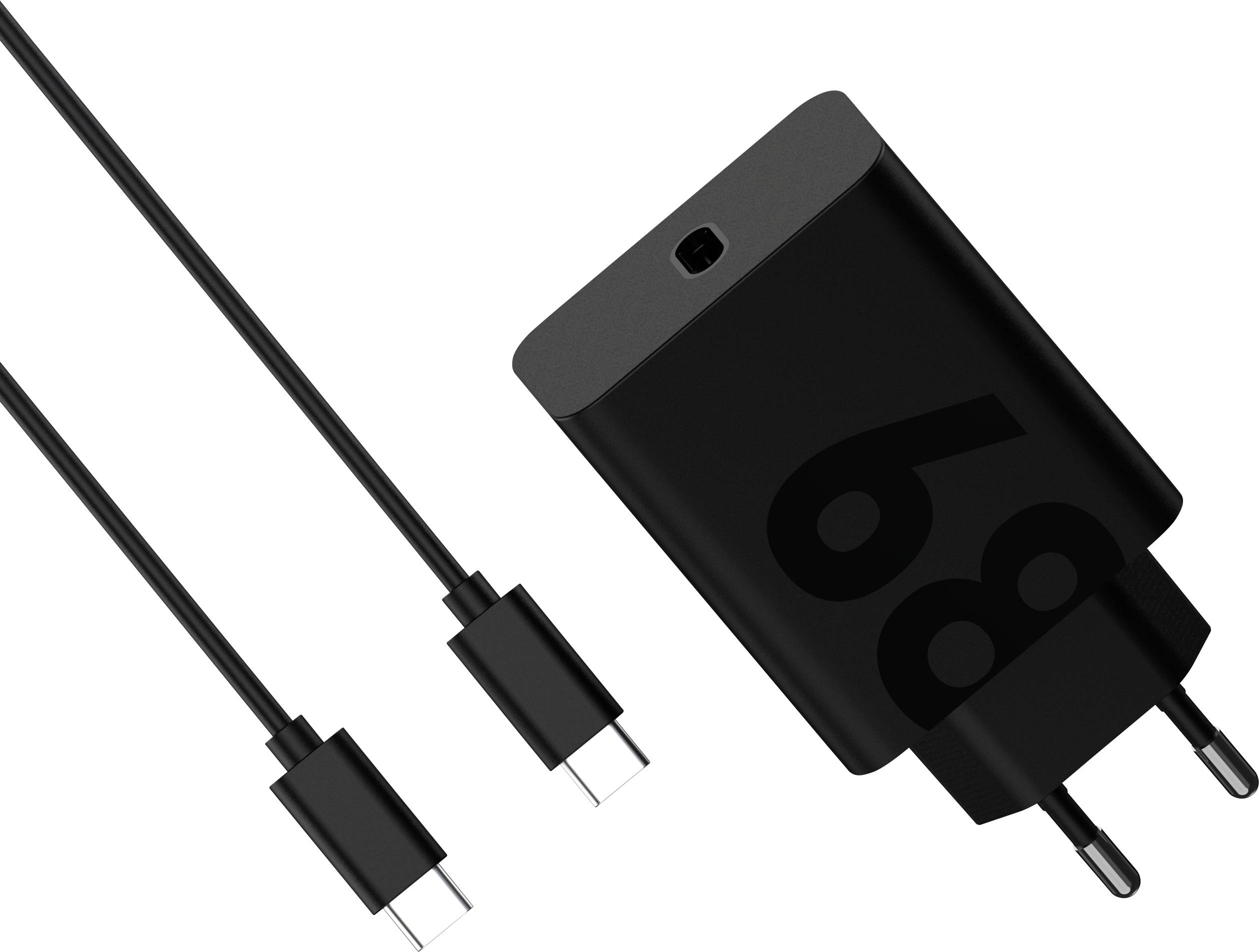 Schwarzes Ladegerät mit USB-C-Kabel, Stecker für europäische Steckdosen. Geeignet für schnelles Laden elektronischer Geräte.