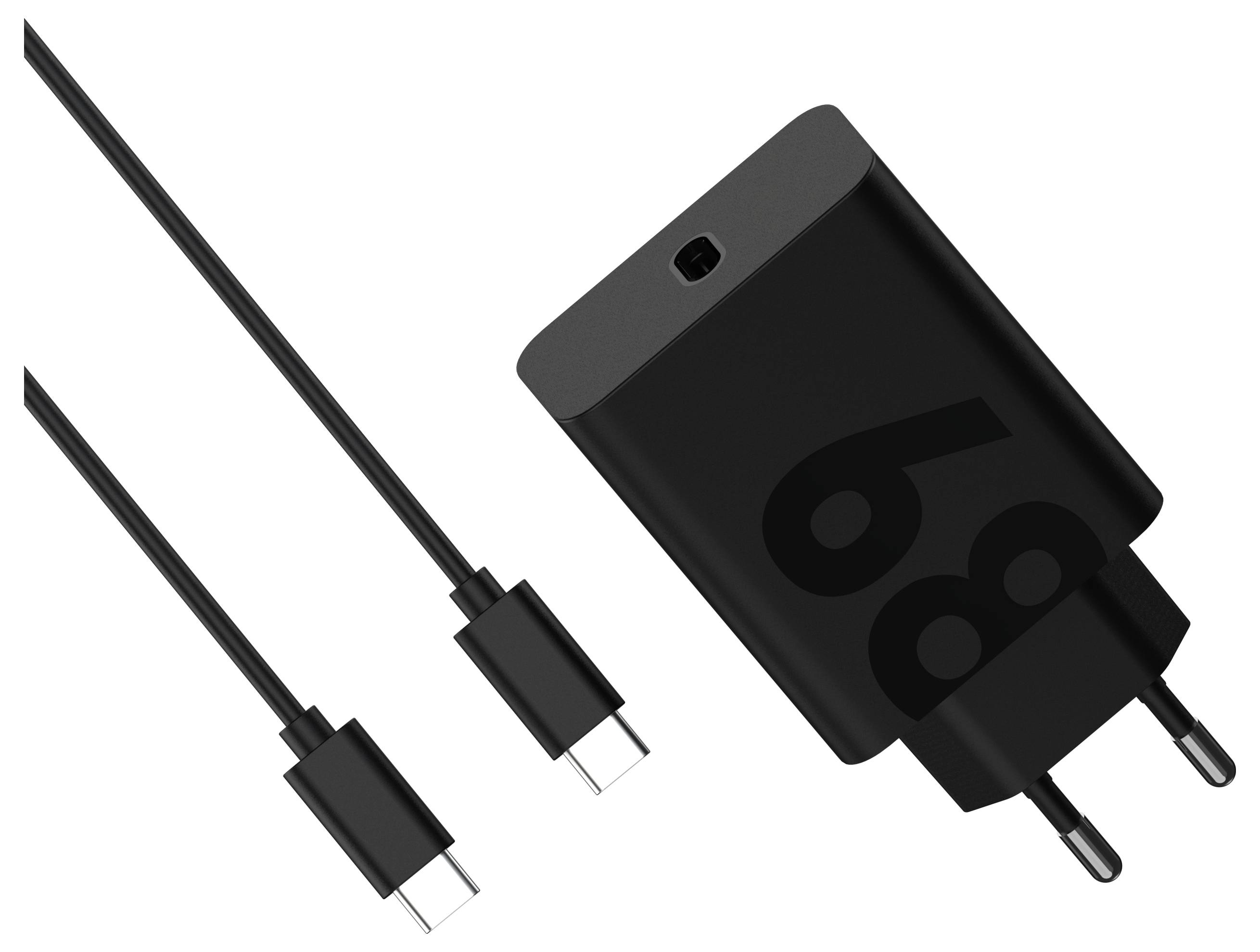 Schwarzes USB-C-Ladegerät mit zwei USB-C-Kabeln, geeignet zum schnellen Aufladen von Geräten.
