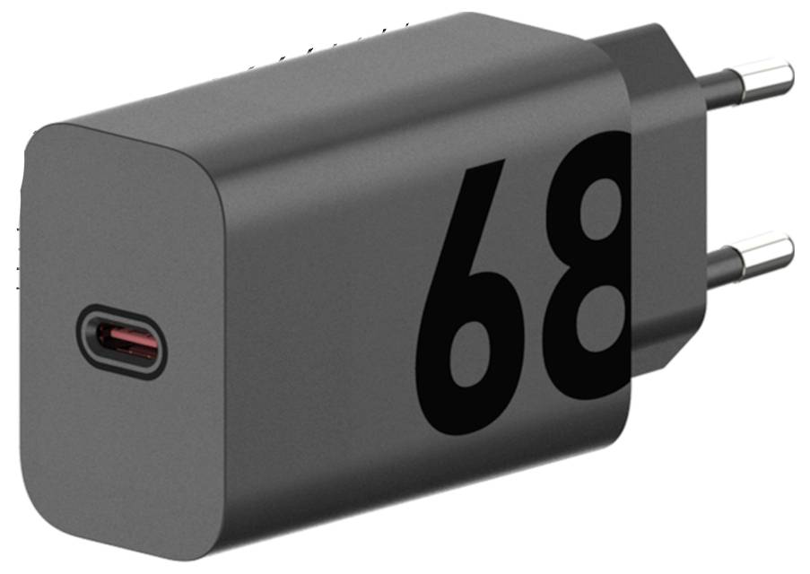 Schwarzes USB-C-Ladegerät mit zwei Stiften und der Zahl '68' auf der Seite, geeignet für schnelles Aufladen.