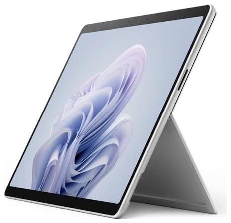Tablet mit einem dünnen, weißen Rahmen in einem aufrechten Ständer. Der Bildschirm zeigt ein abstraktes, bläulich-lila Wirbelmuster.
