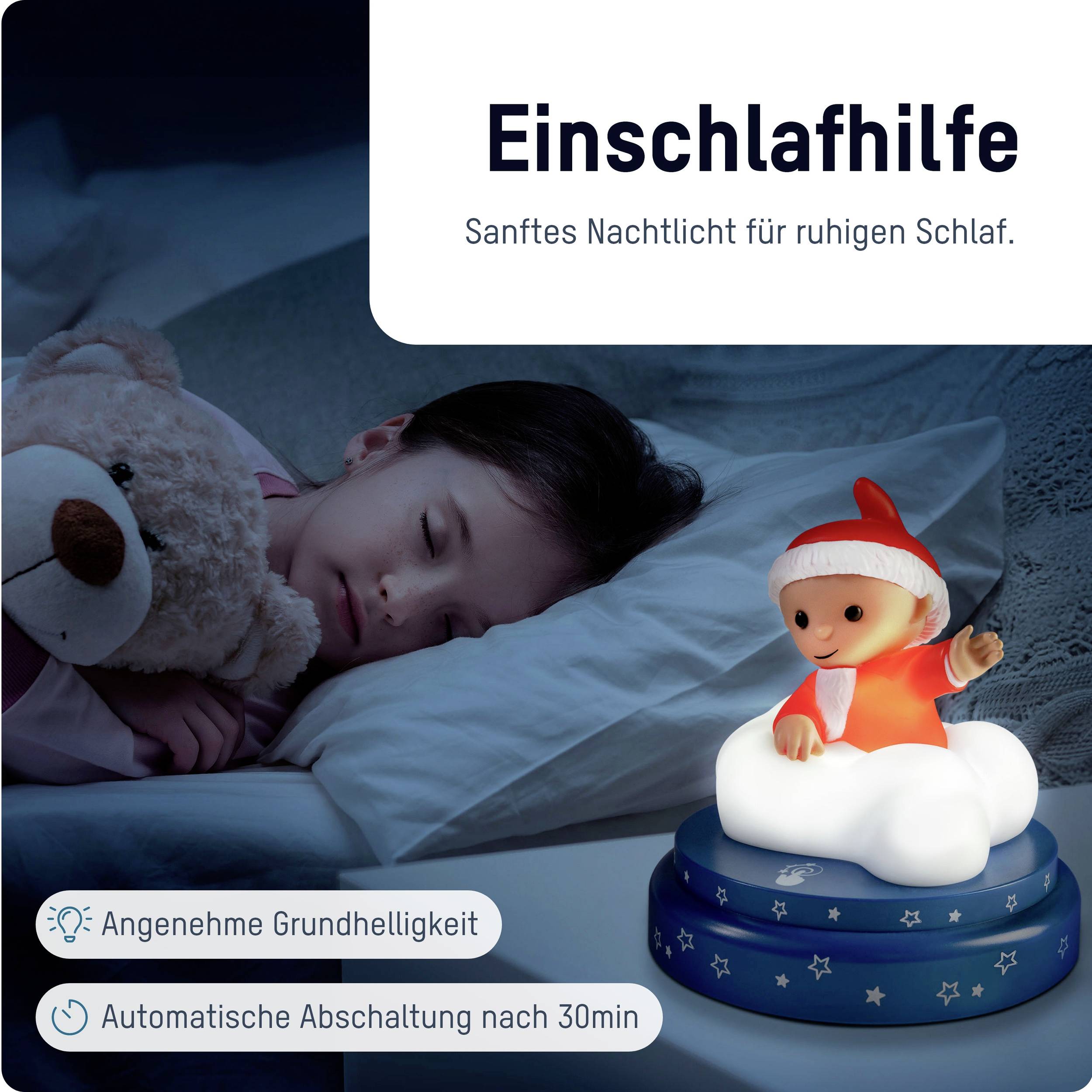 Ein Kind schläft ruhig im Bett, neben ihm ein sanft leuchtendes Nachtlicht in Form eines Tieres mit Mütze. Text: 'Einschlafhilfe'.