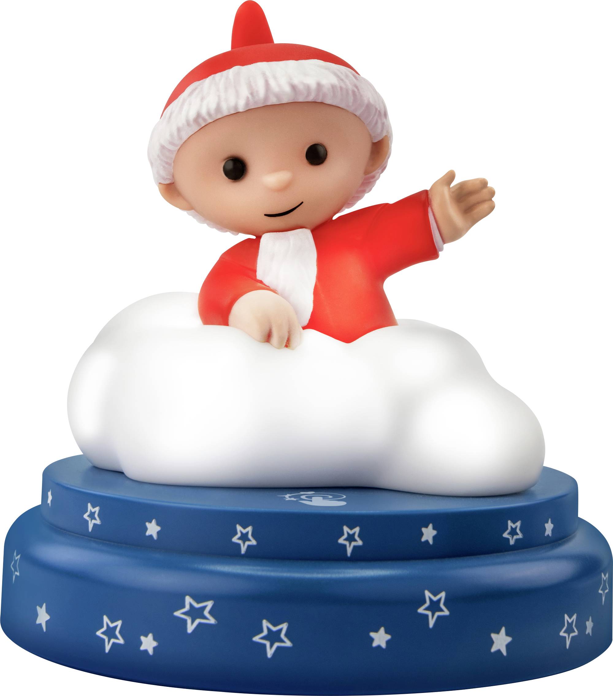 Eine Figur in roter Kleidung sitzt auf einer weißen Wolke und winkt. Sie hat einen fröhlichen Gesichtsausdruck.