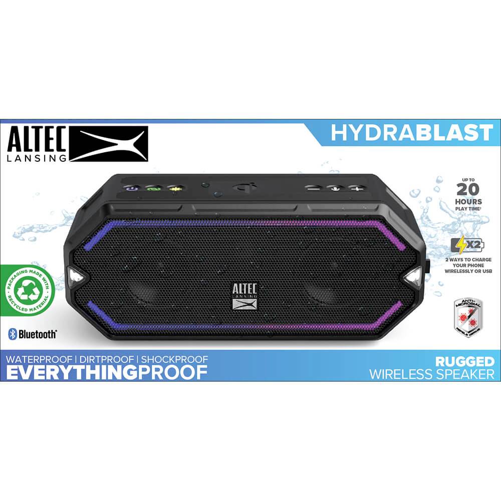 Altec Lansing 'HydraBlast' kabelloser Lautsprecher, schwarz mit bunten LED-Rändern. Eigenschaften: wasserdicht, stoßfest, 20 Std. Akku.