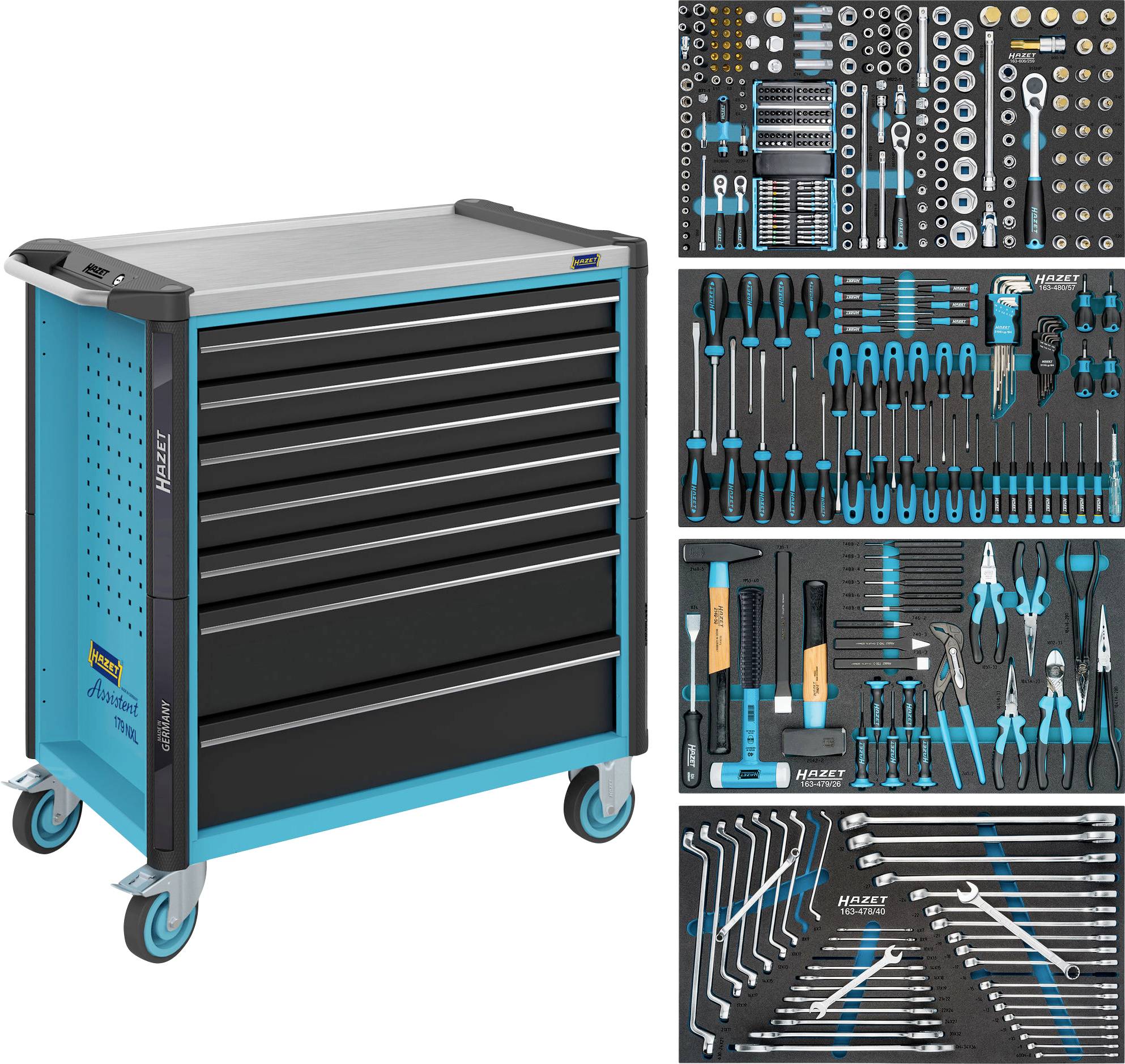Werkzeugwagen mit sechs Schubladen, gefüllt mit verschiedenen Handwerkzeugen wie Schraubendreher, Zangen, Steckschlüsseleinsätze und Schraubenschlüssel.
