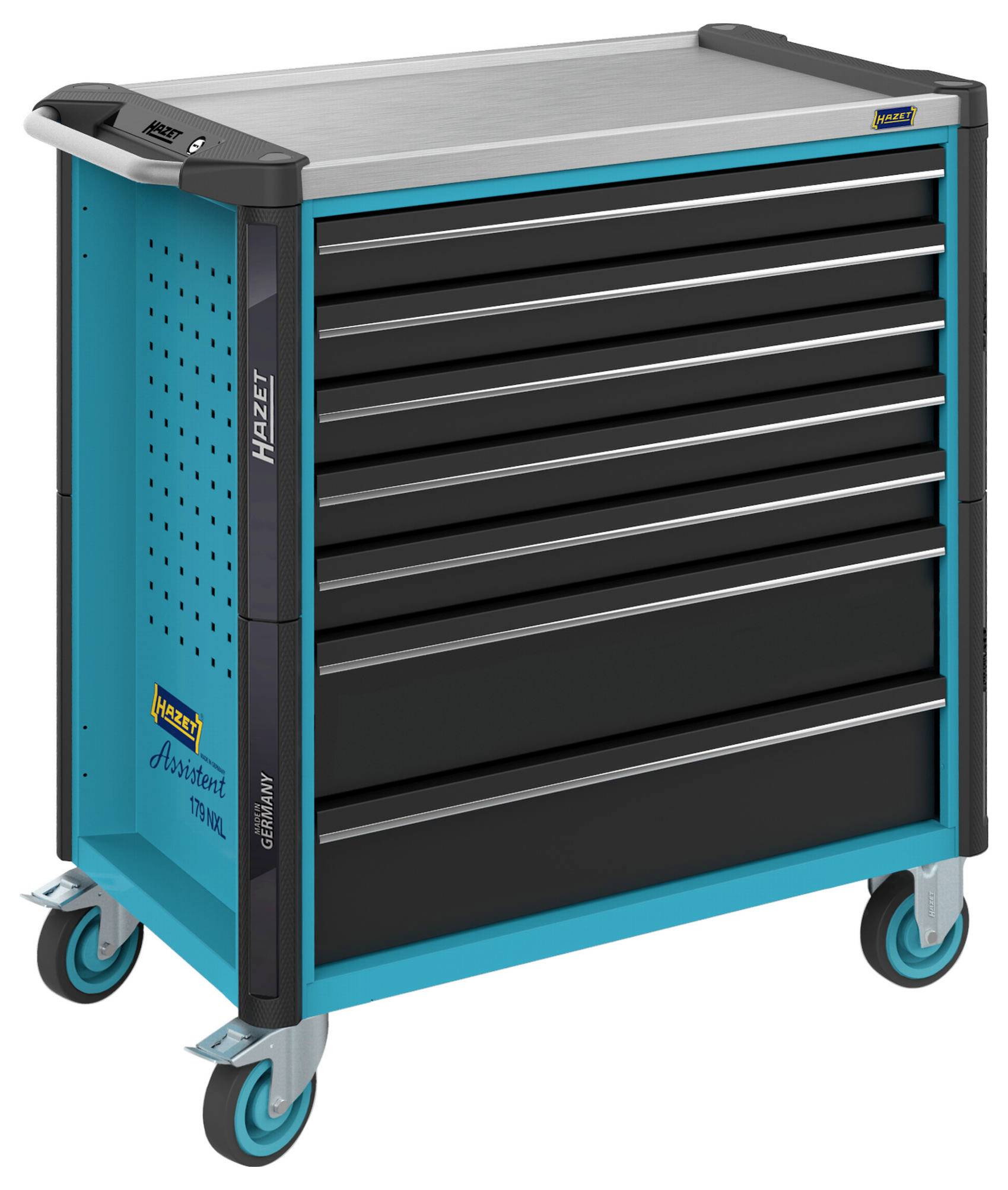 Werkzeugwagen mit sieben Schubladen, blauer Rahmen, schwarzen Griffen und Rädern. Markenname 'Hazet' an der Seite erkennbar.