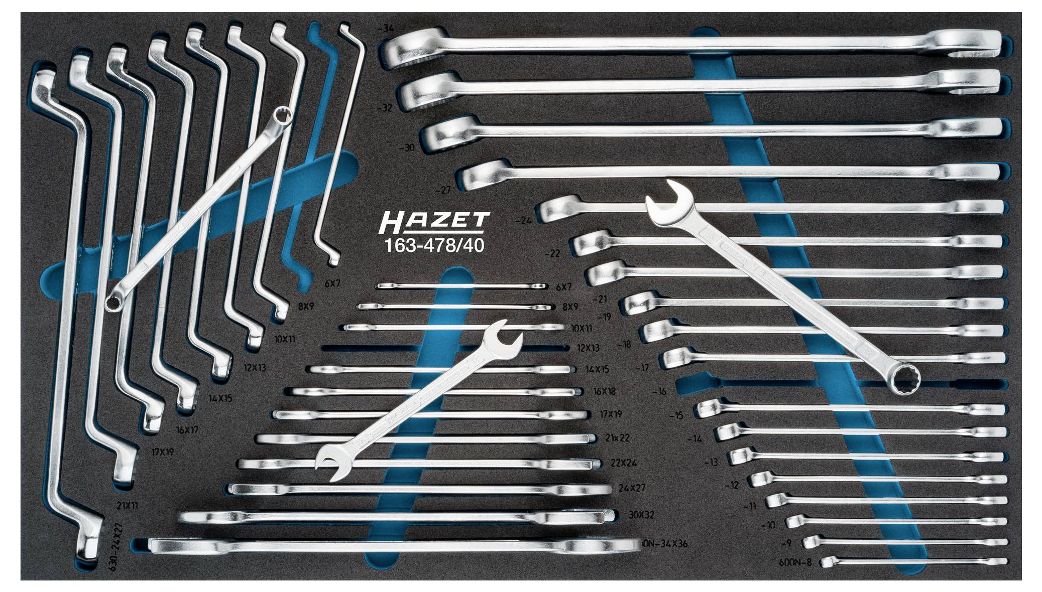 Satz von Maul- und Ringschlüsseln verschiedener Größen, ordentlich auf einer Werkzeugtafel mit blauer Markierung angeordnet.