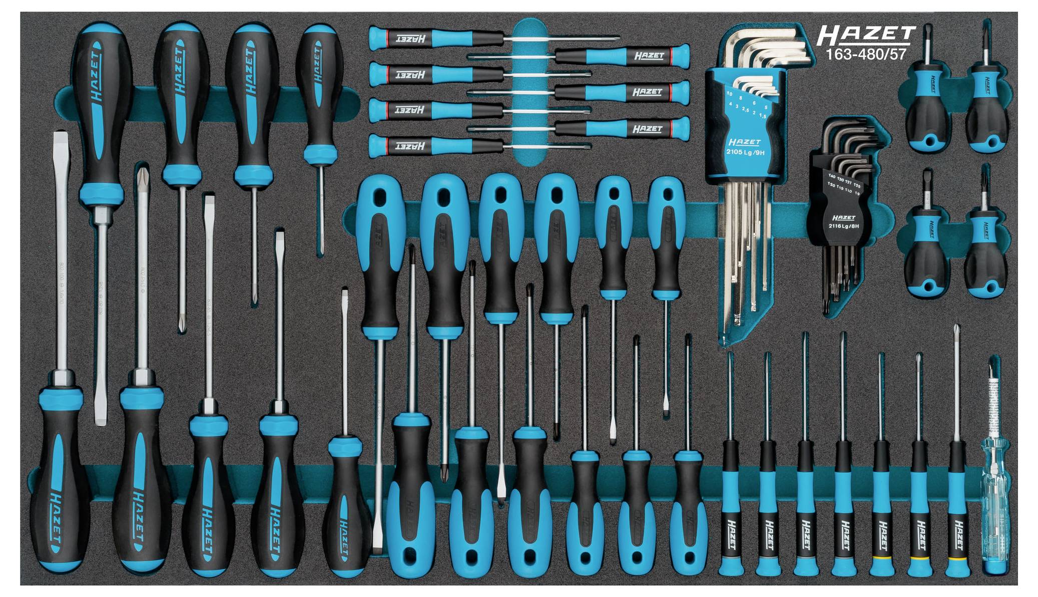 Ein Set von blauen und schwarzen Schraubendrehern und Inbusschlüsseln, ordentlich in einer Werkzeugablage angeordnet.