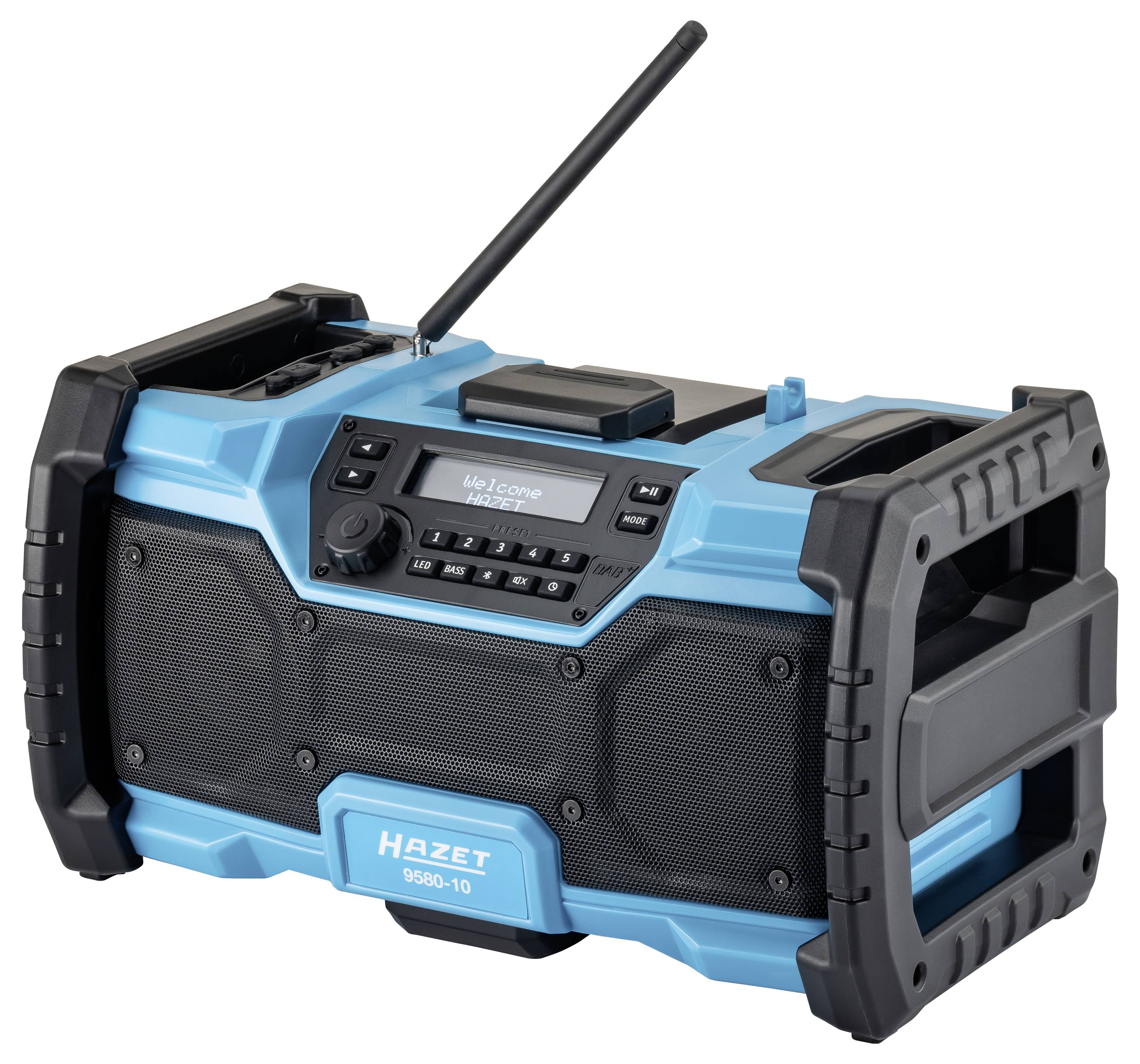 Tragbares HAZET-Radio in Blau und Schwarz mit Antenne, Griff und Bedienfeld, gezeigt auf weißem Hintergrund.