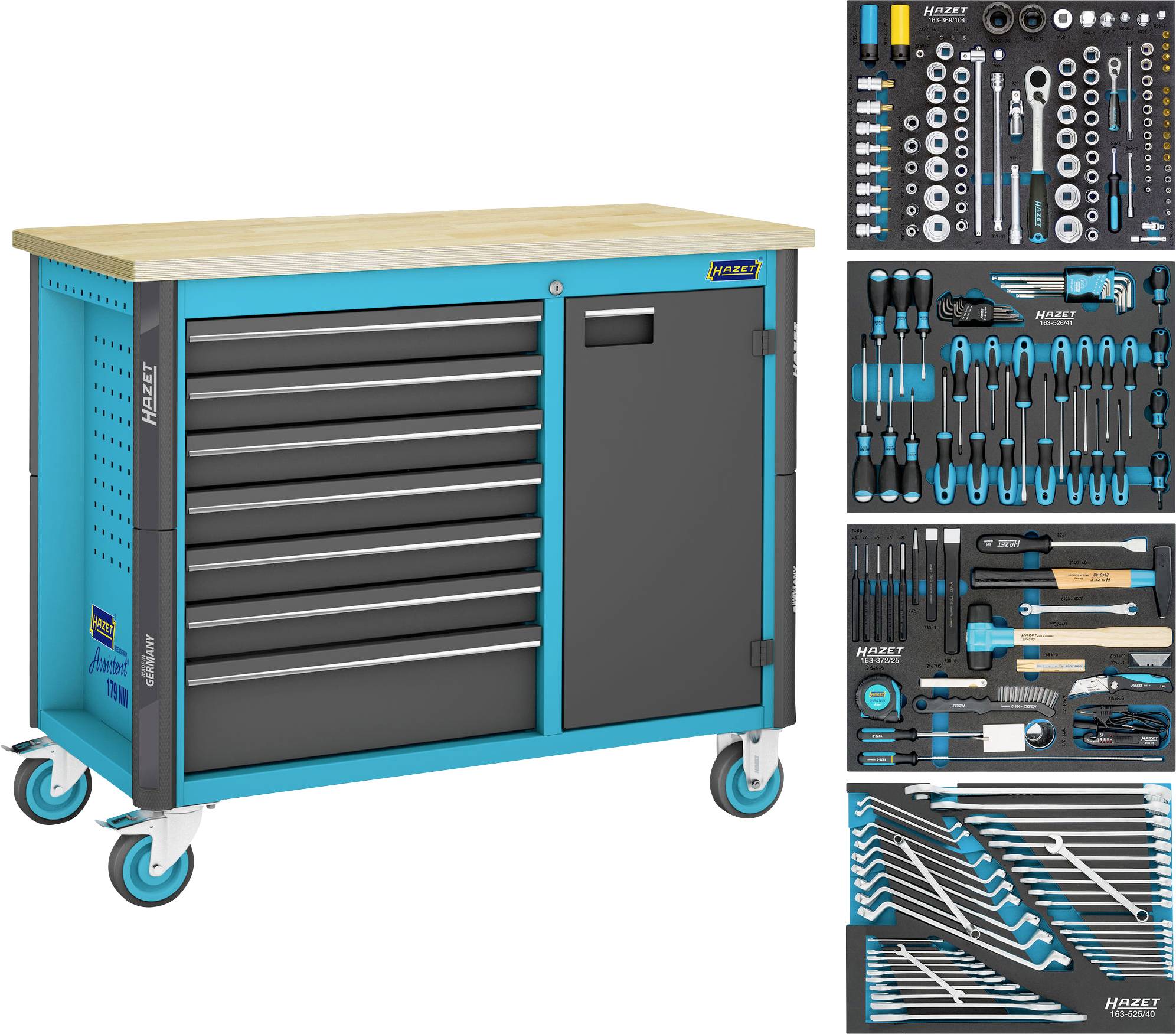 Werkzeugwagen mit mehreren Schubladen und Fächern, gefüllt mit diversen Werkzeugen wie Schraubenschlüsseln, Zangen und Schraubendrehern. Mobil durch Räder.