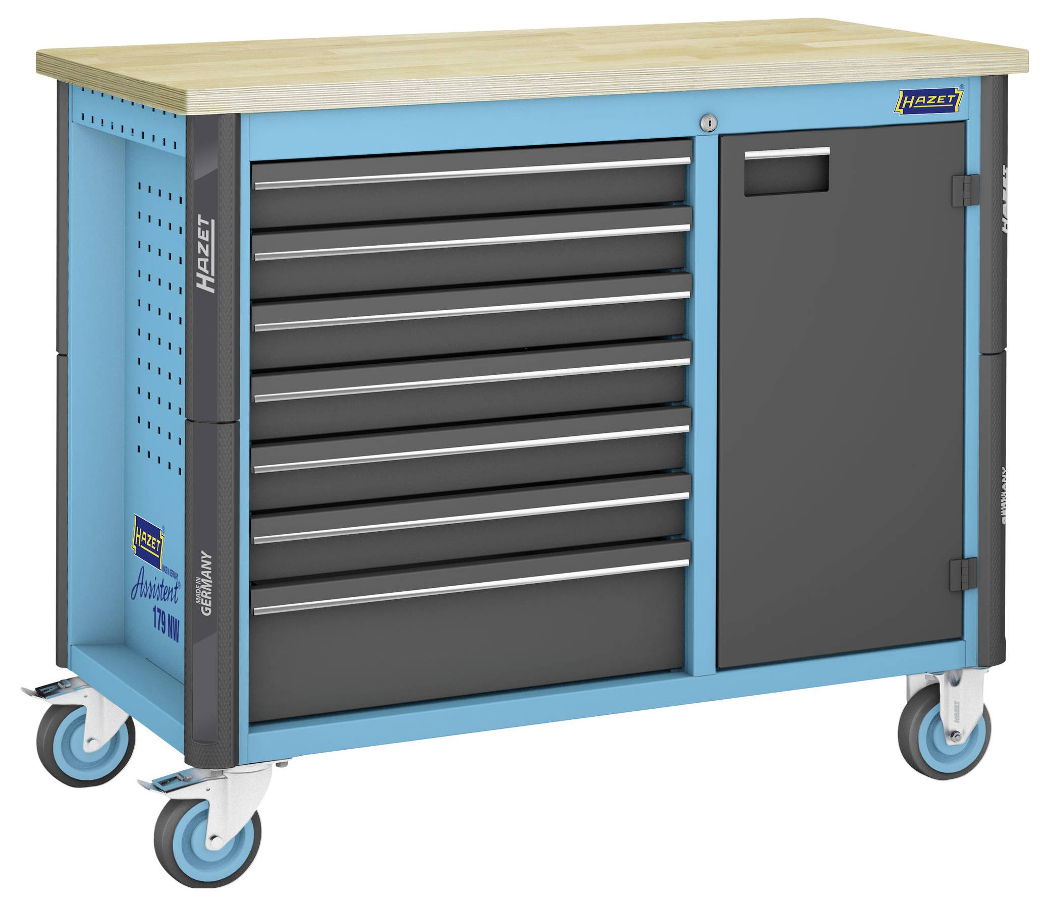 Blauer Werkzeugwagen mit sechs Schubladen und einem Schrank, auf vier Rollen. Arbeitsfläche aus Holz, geeignet für Werkstattarbeiten.