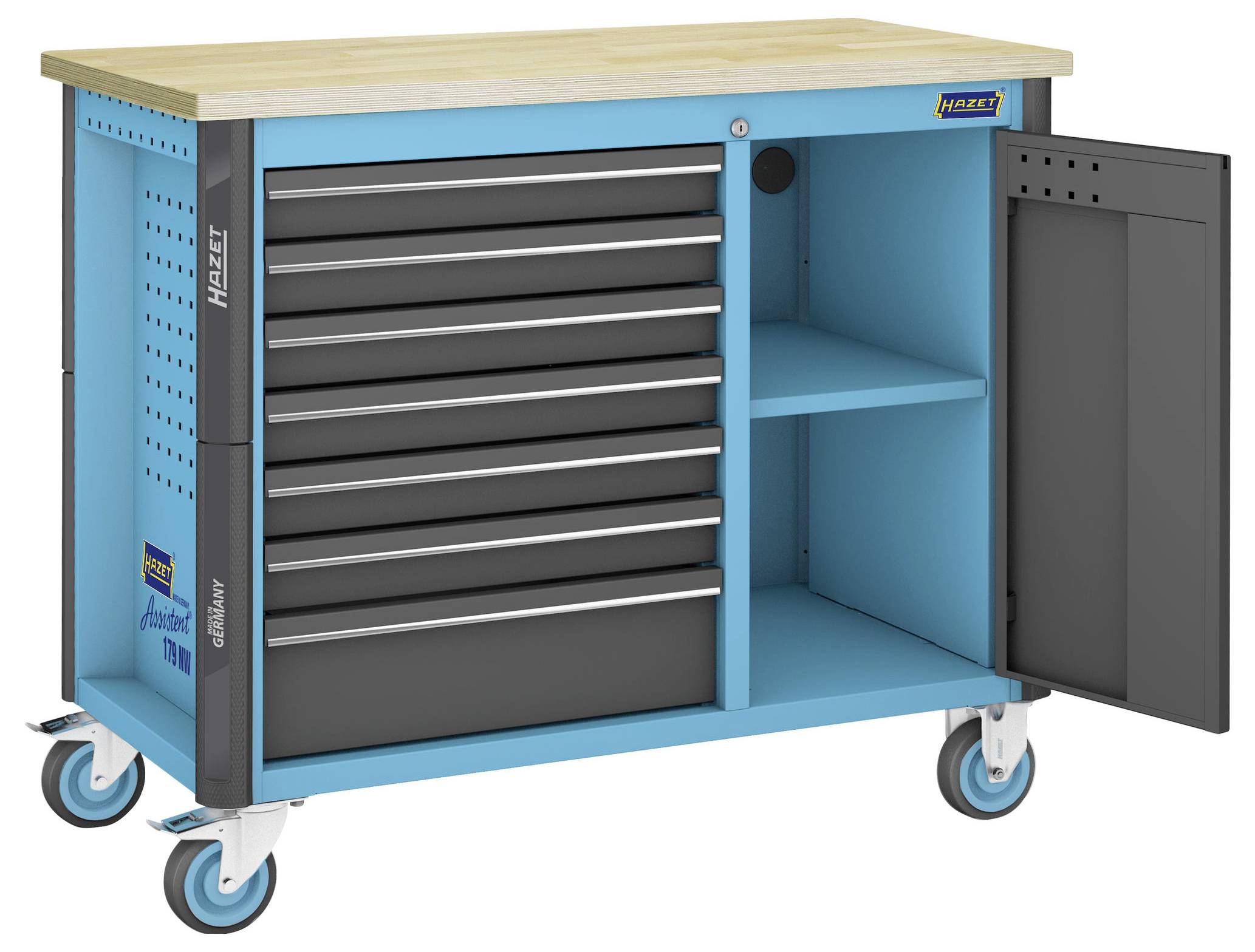 Blauer Werkzeugwagen auf Rollen mit sechs Schubladen und einem offenen Schrank mit zwei Einlegeböden, oben eine Holzplatte.