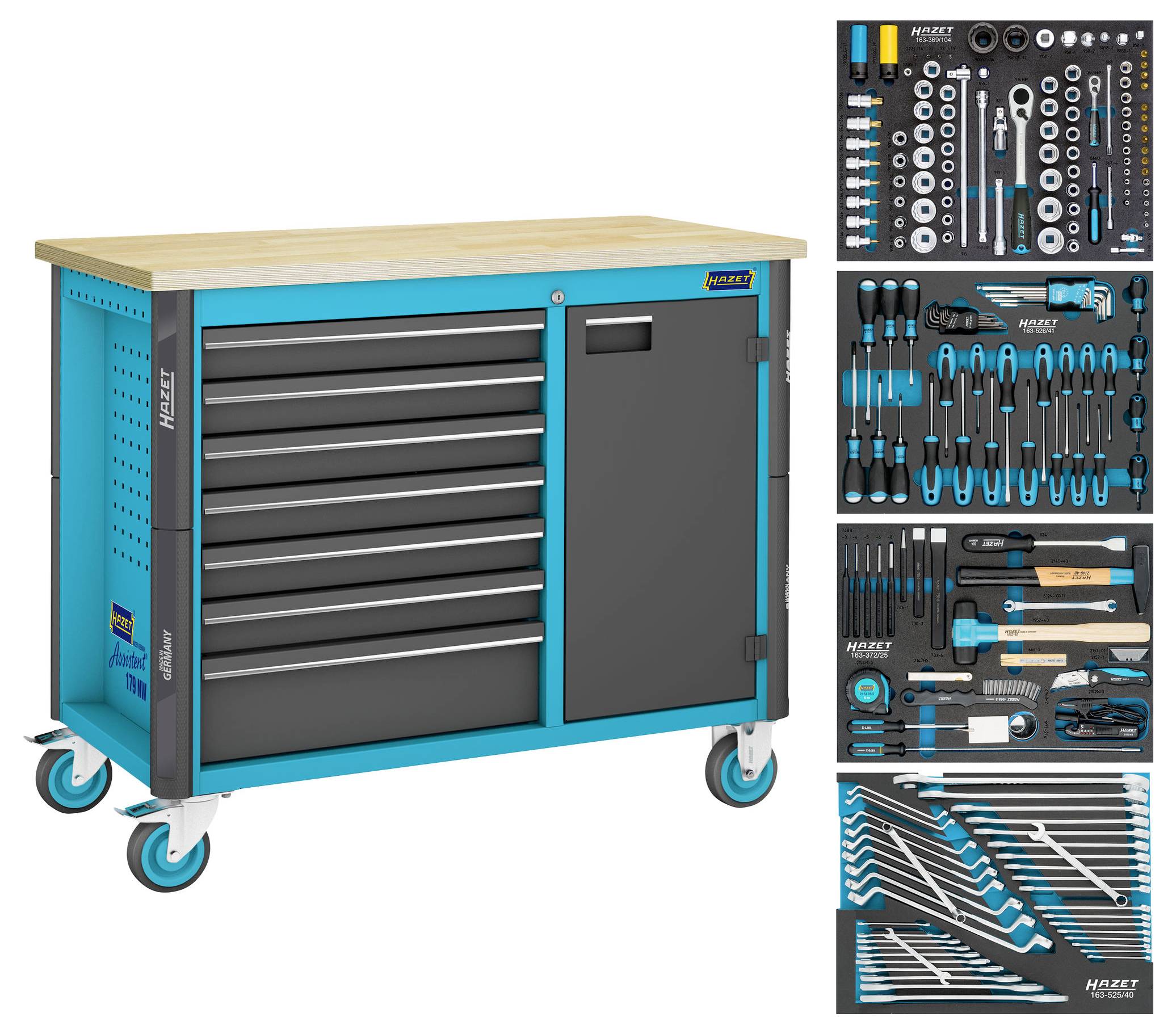 Wagen mit Holzarbeitsplatte, sechs Schubladen, Tür; gefüllt mit Werkzeugen: Schraubenzieher, Schraubenschlüssel, Zangen, Steckschlüssel, Hammer.
