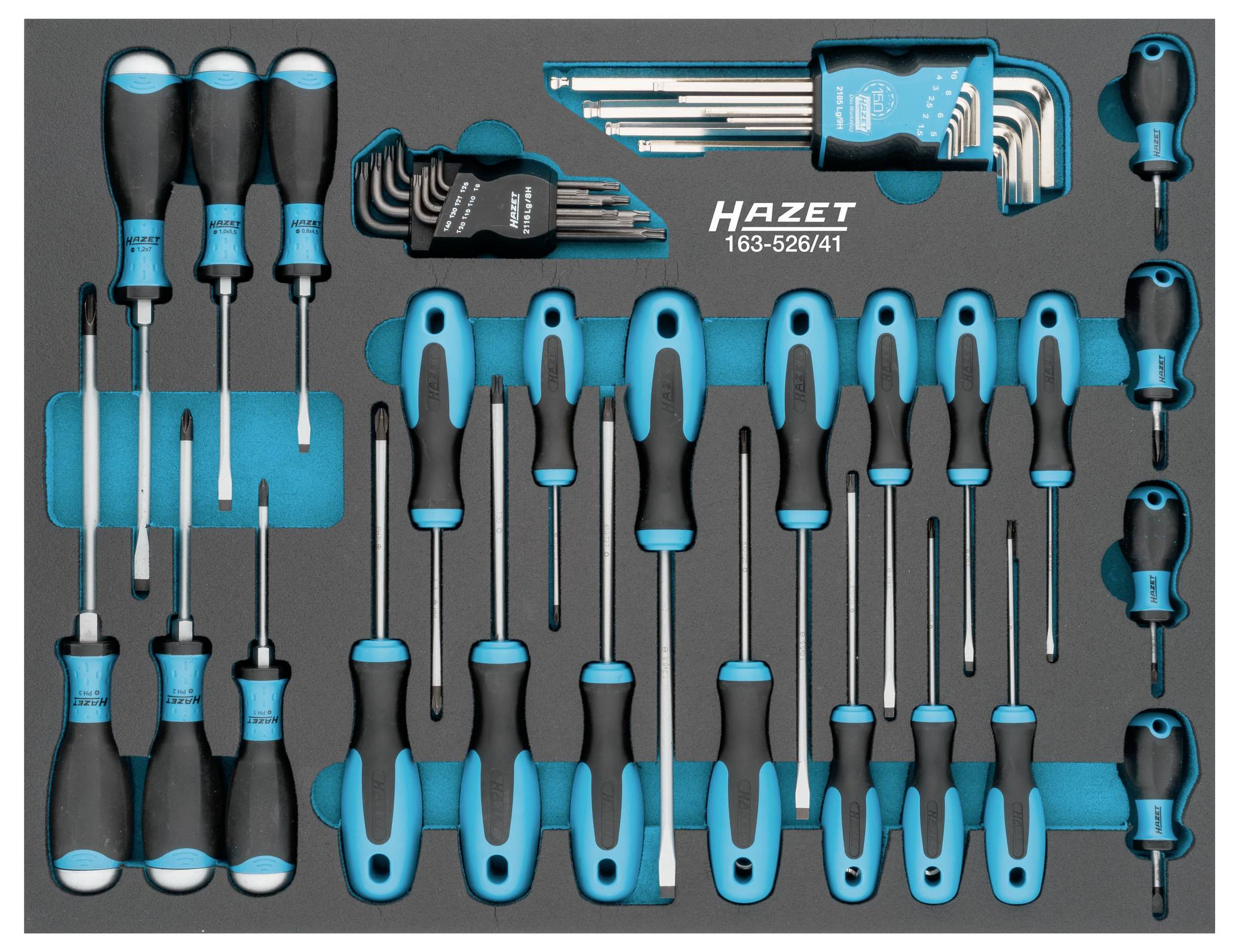 Satz von Hazet-Schraubendrehern und Inbusschlüsseln in verschiedenen Größen, ordentlich in einem Schaumstoff-Einsatz angeordnet.