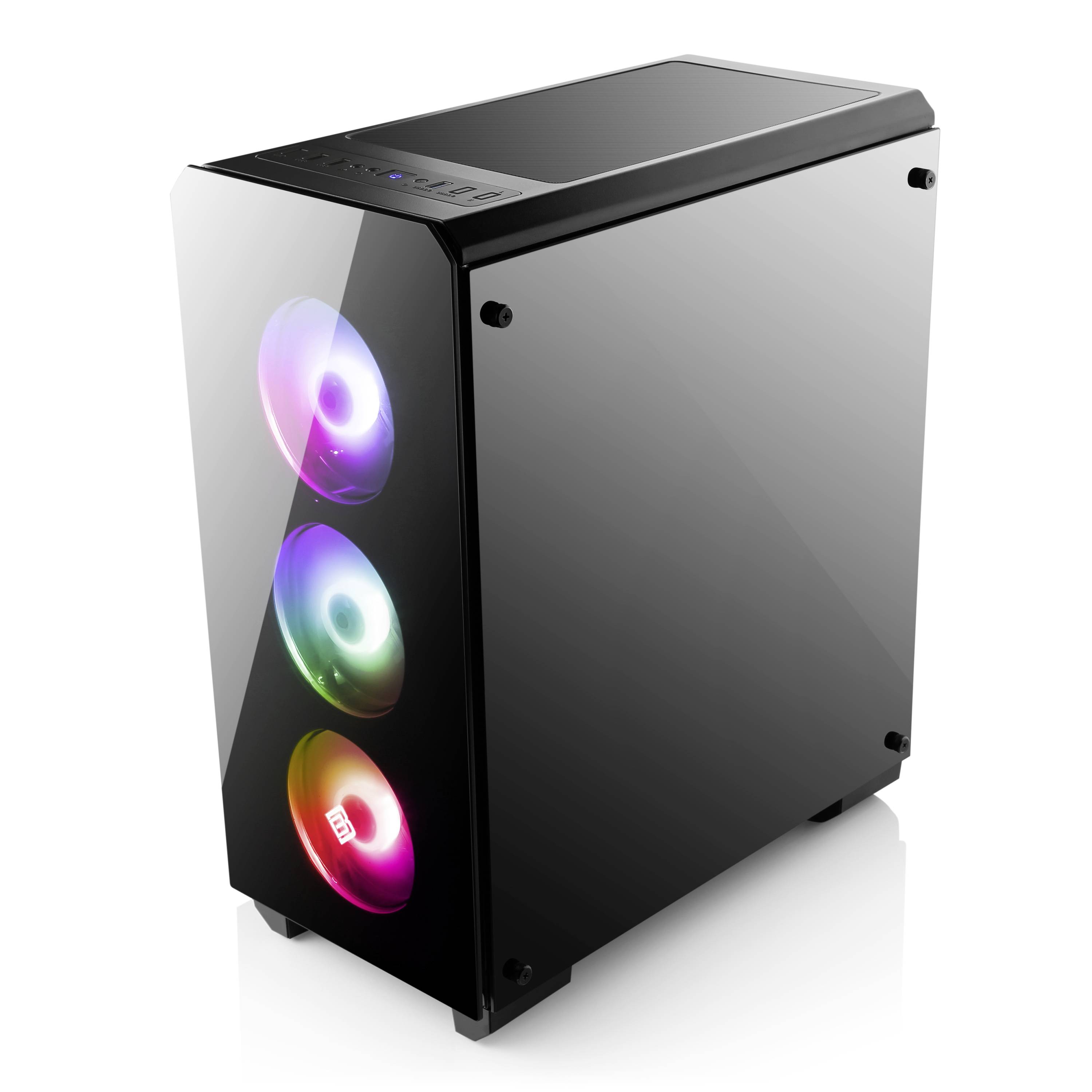 Ein schwarzes Computergehäuse mit drei leuchtenden RGB-Lüftern auf der Vorderseite und einer durchsichtigen Seitenscheibe.