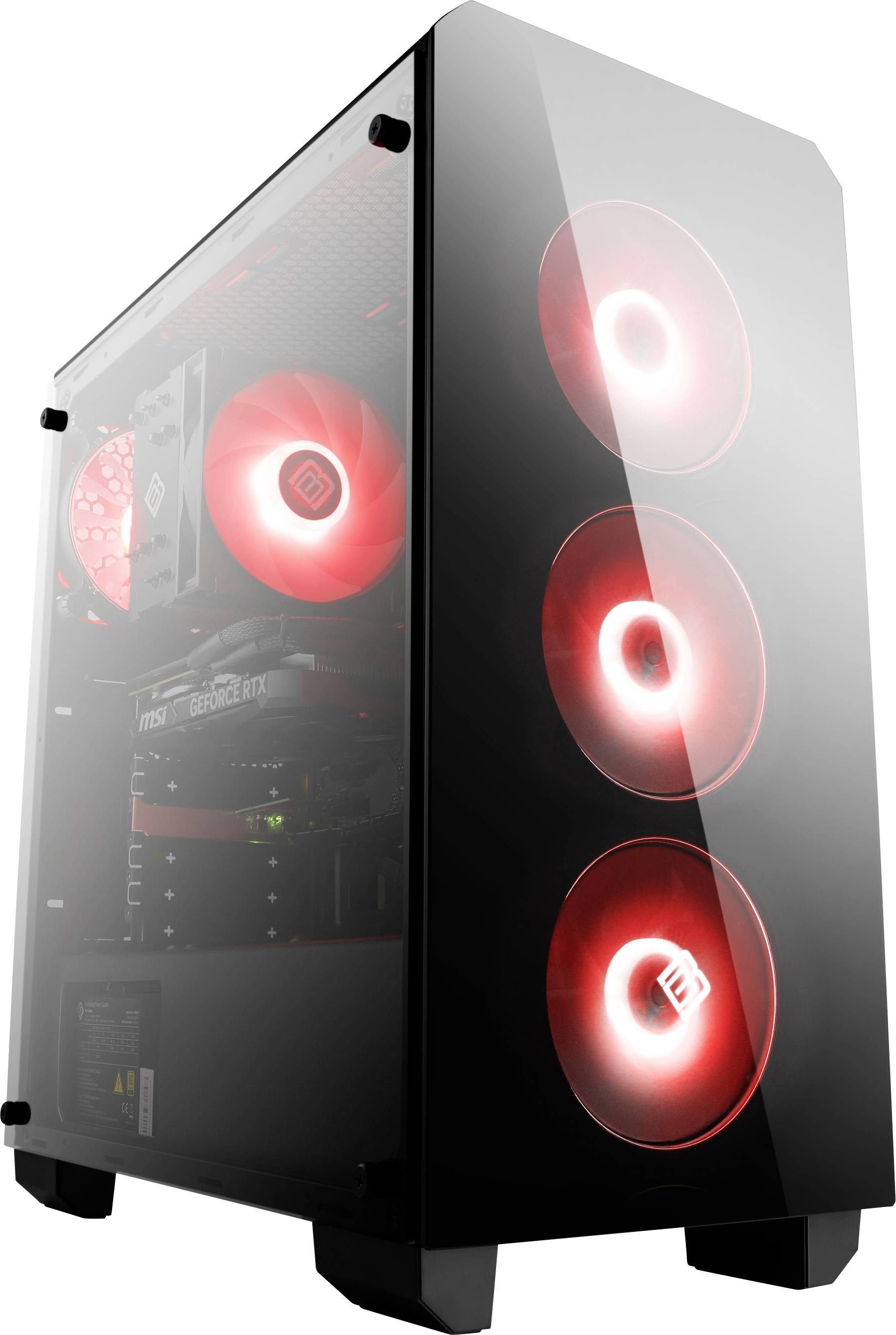 Schwarzes Computergehäuse mit vier leuchtend roten Lüftern und transparentem Seitenpanel, das Innenkomponenten sichtbar macht.