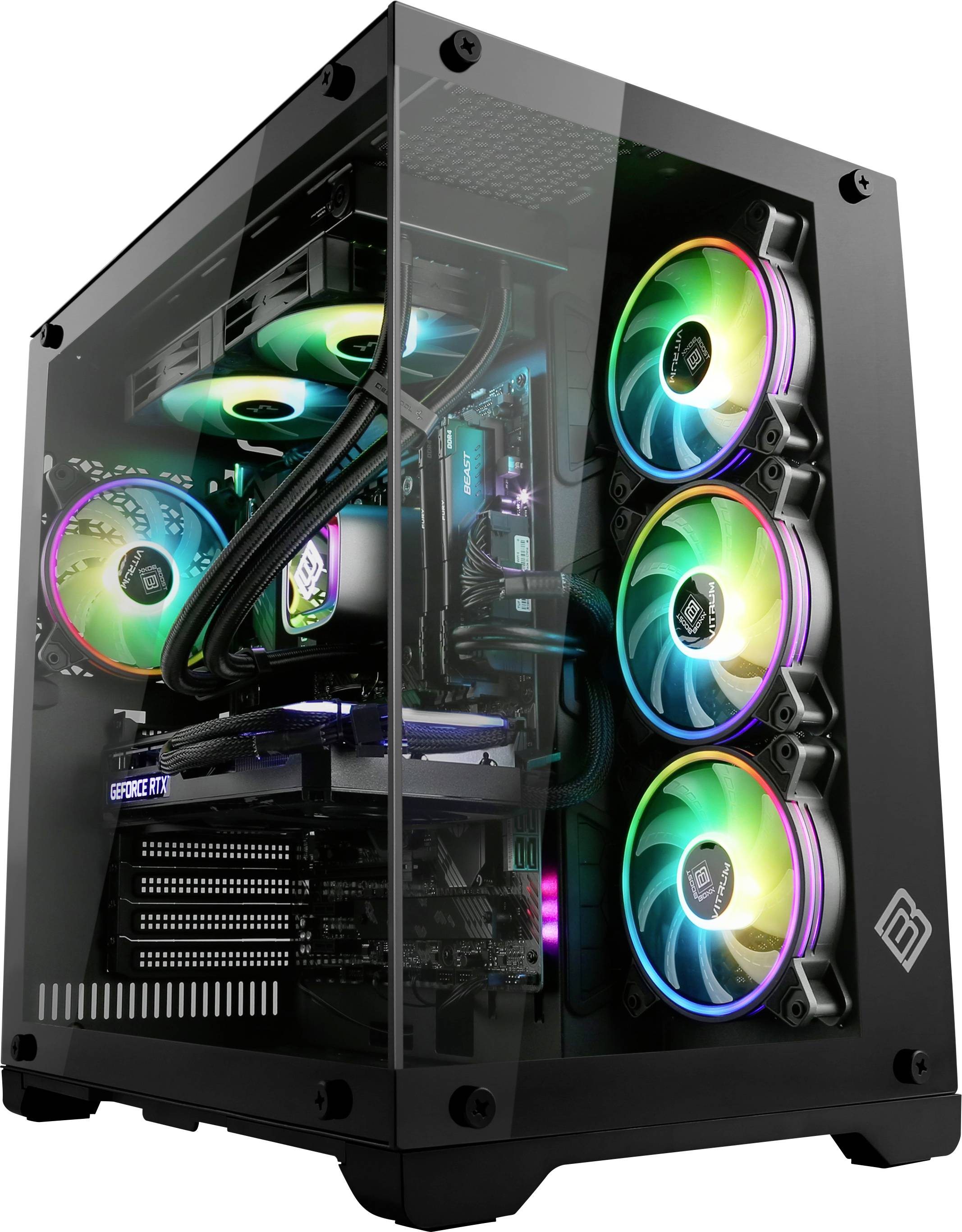 Ein Computergehäuse mit Glasfenster zeigt mehrere leuchtende Lüfter in verschiedenen Farben. Im Inneren sind Komponenten sichtbar.