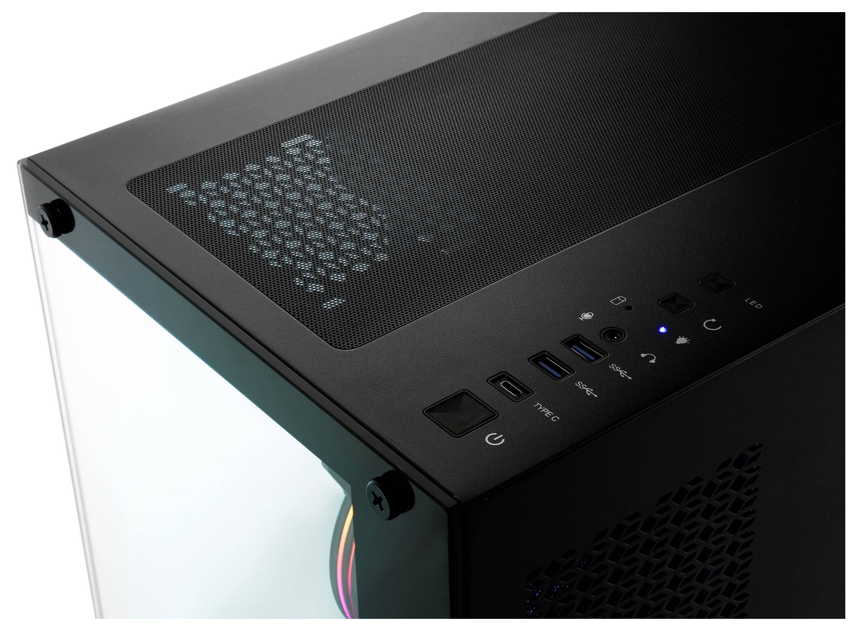 Schwarzes Computergehäuse mit Glasseite, oben USB-Anschlüsse, Power-Button und Lüftergitter; modernes Design für leistungsstarke PCs.