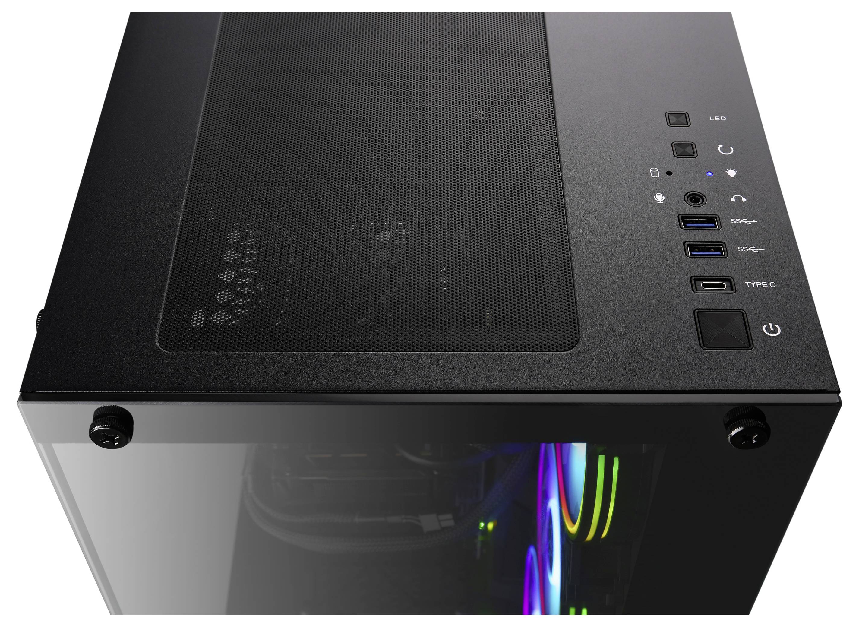 Schwarzes Computergehäuse mit Glasfenster und RGB-Beleuchtung im Inneren. Oben befinden sich USB-Anschlüsse, LED-Anzeige und Netzschalter.