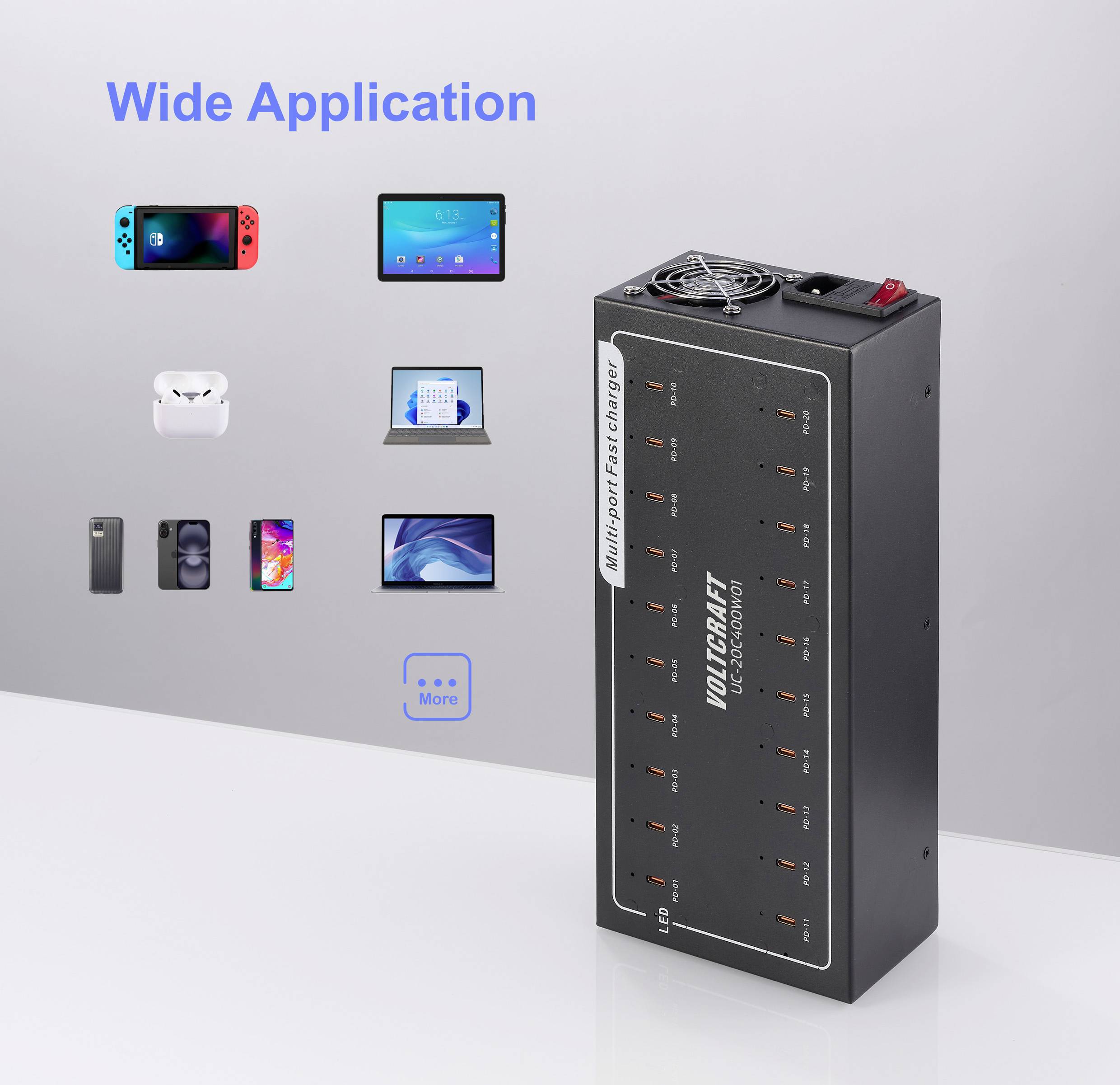 VOLTCRAFT UC-20C400W01 USB Ladegerät 400W 20x USB-C® USB PD Schwarz Innenbereich USB Power Delivery (USB-PD)