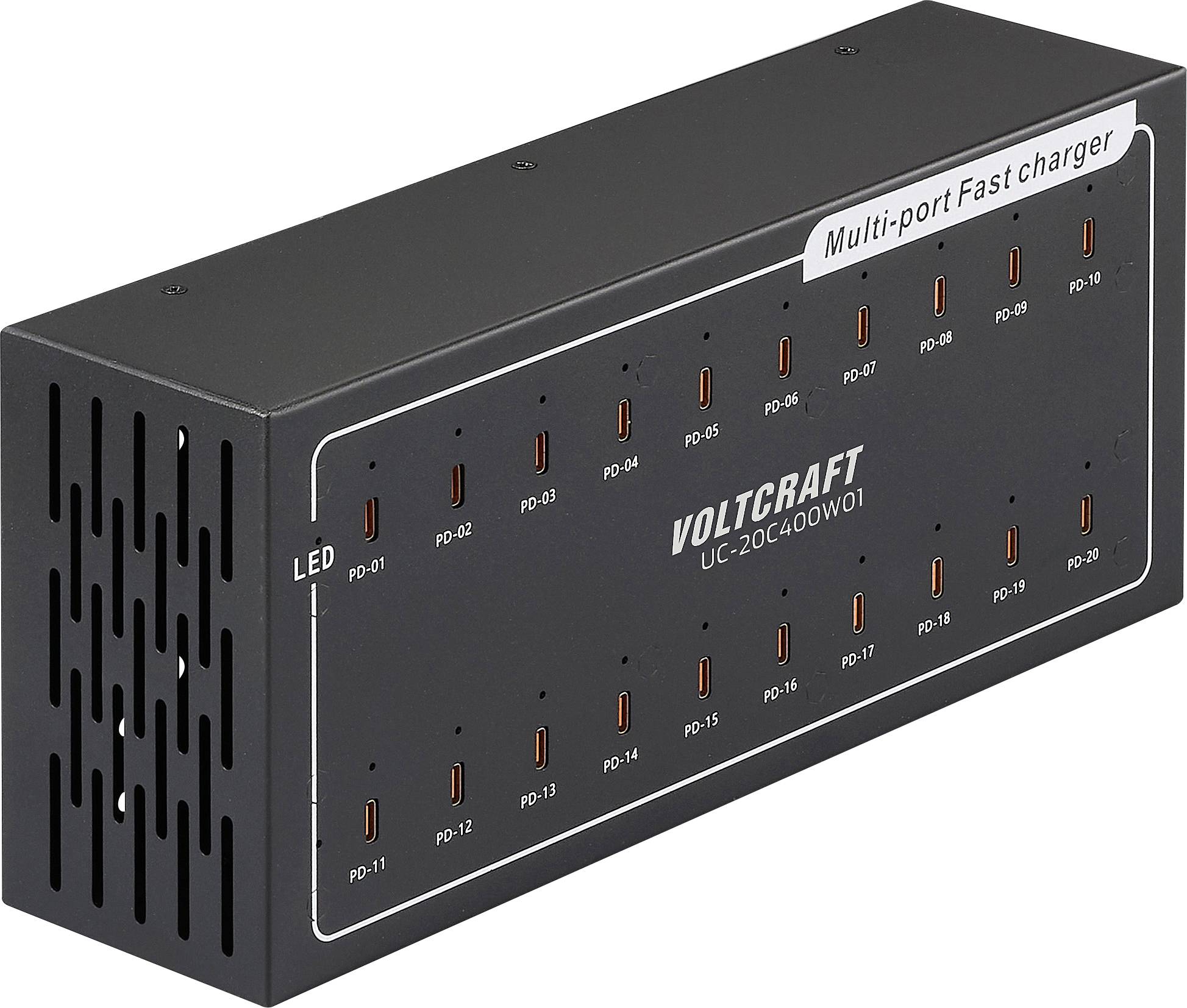 Ein schwarzes Multi-Port-Schnellladegerät von Voltcraft mit 20 USB-C-Anschlüssen, nummeriert von PD-01 bis PD-20.