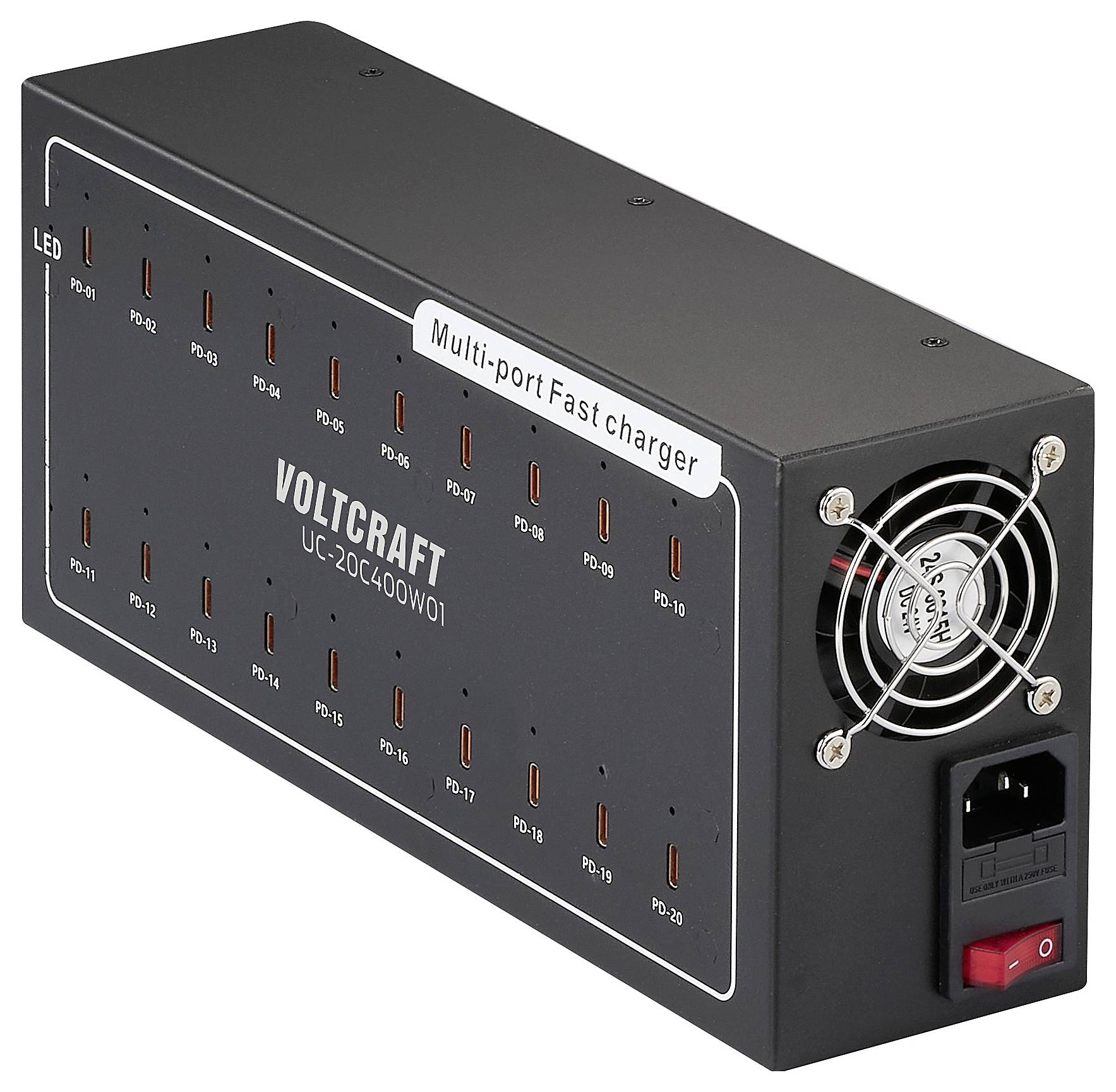 Ein schwarzes, rechteckiges Schnellladegerät mit mehreren USB-Anschlüssen und einem Lüfter. Gerätetyp: 'Voltcraft UC-20C400W01'.