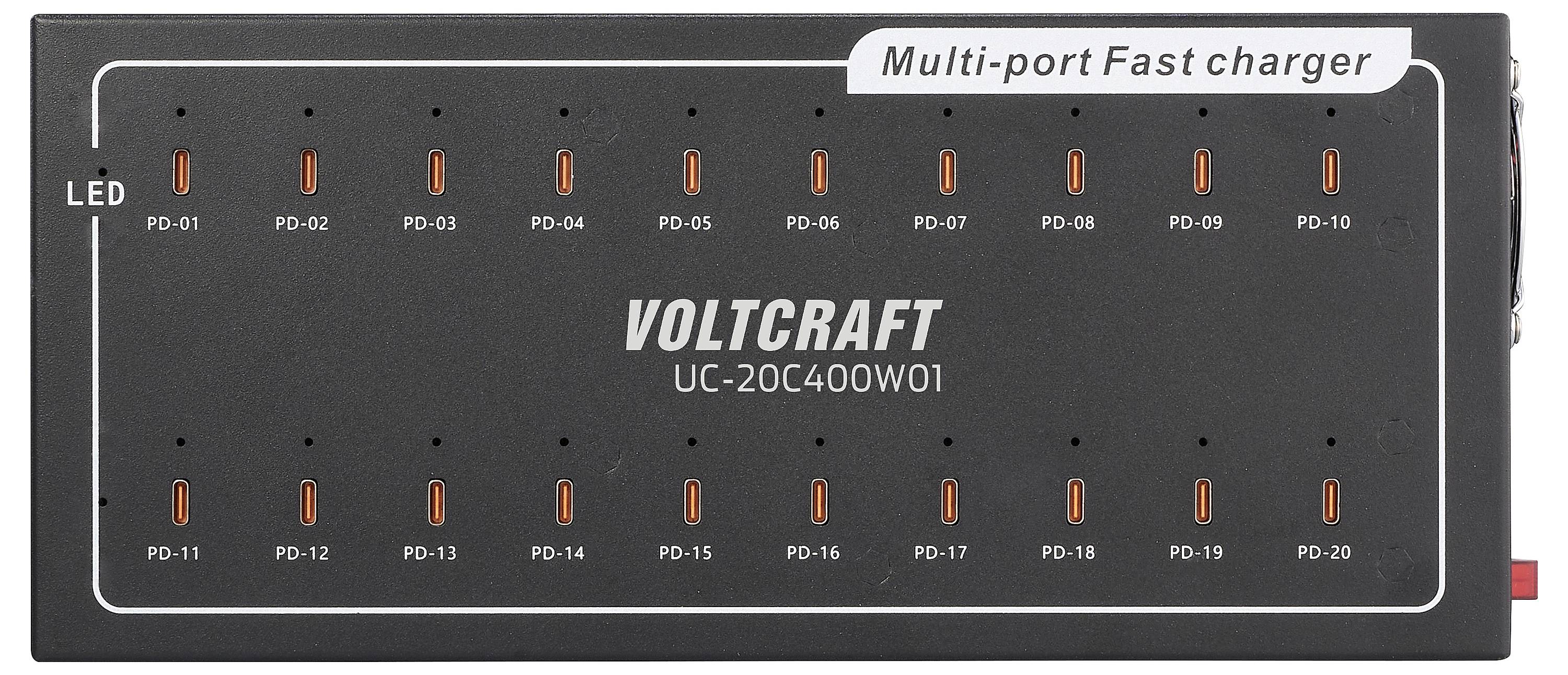 Ladegerät mit 20 USB-Anschlüssen, gekennzeichnet von 'PD-01' bis 'PD-20'. Oben ist die Aufschrift 'Multi-port Fast charger'.