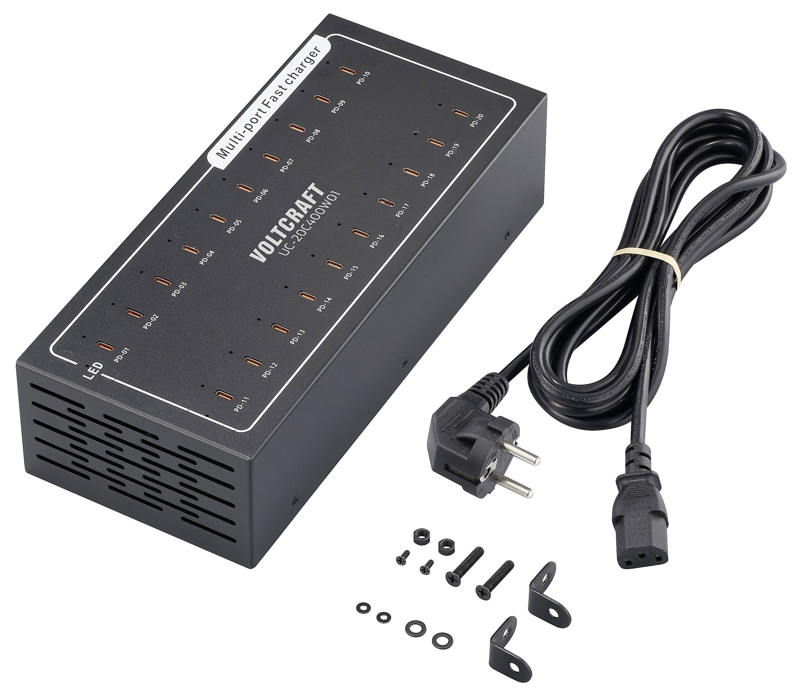 Elektrisches Mehrfachladegerät von Voltcraft mit 8 Anschlüssen, LED-Anzeigen, beiliegendem Netzkabel und Montagematerial.