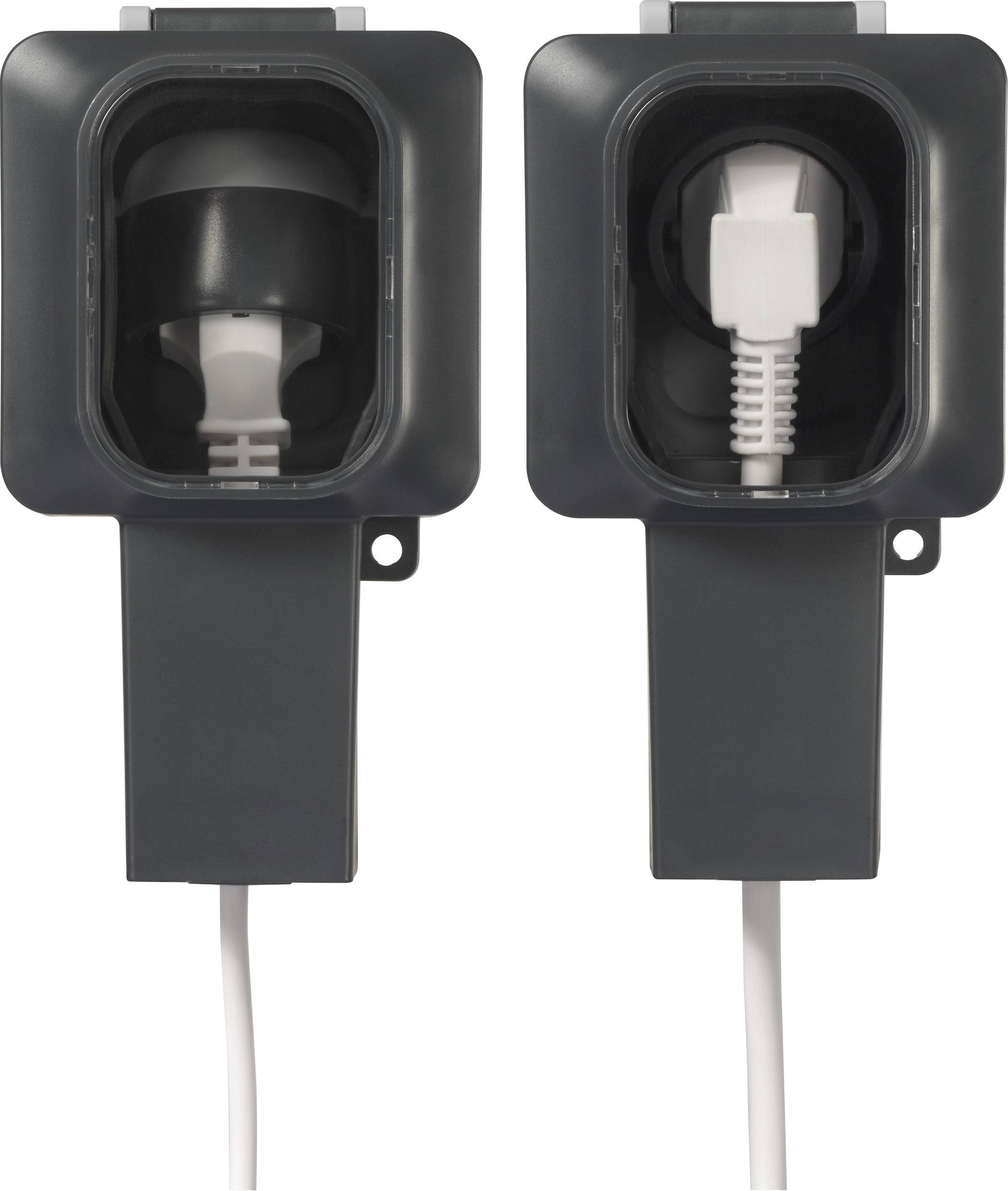 Zwei nebeneinander liegende Steckdosen mit eingesteckten Netzwerkkabeln. Links ist der Stecker verborgen, rechts ist der Stecker sichtbar.