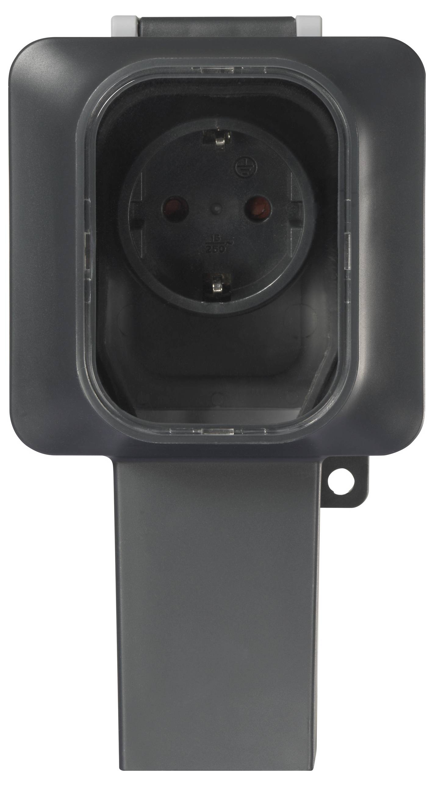 Eine schwarze, wetterfeste Steckdose mit Schutzabdeckung für den Außenbereich.