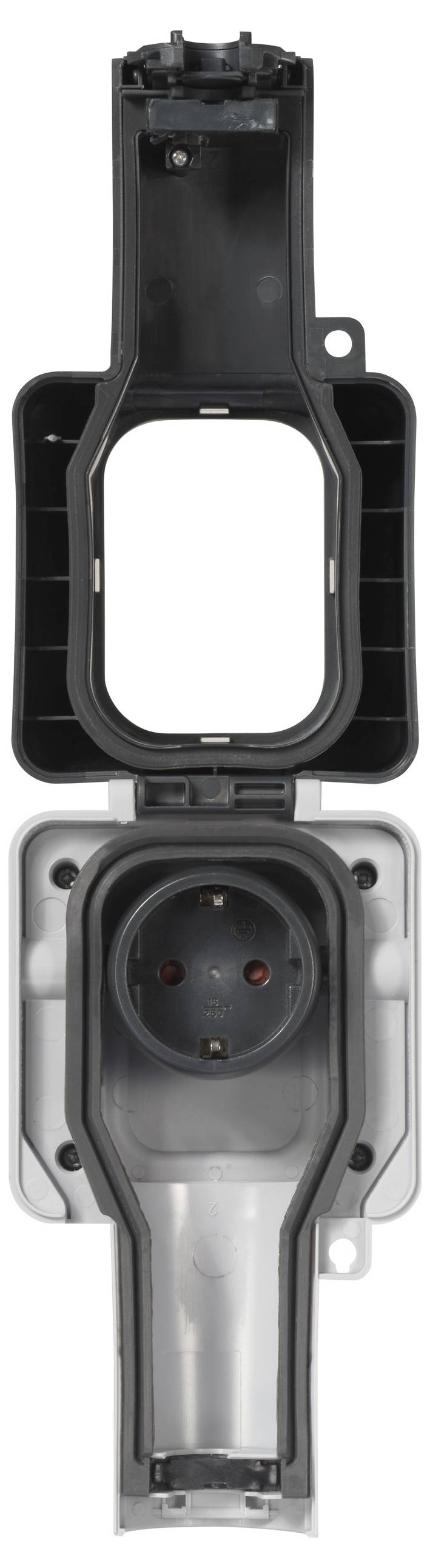 Gehäuse einer elektrischen Steckdose, offen gezeigt. Oberes Segment mit offenem Rahmen, unteres Segment mit Steckverbindung und grauem Gehäuse.