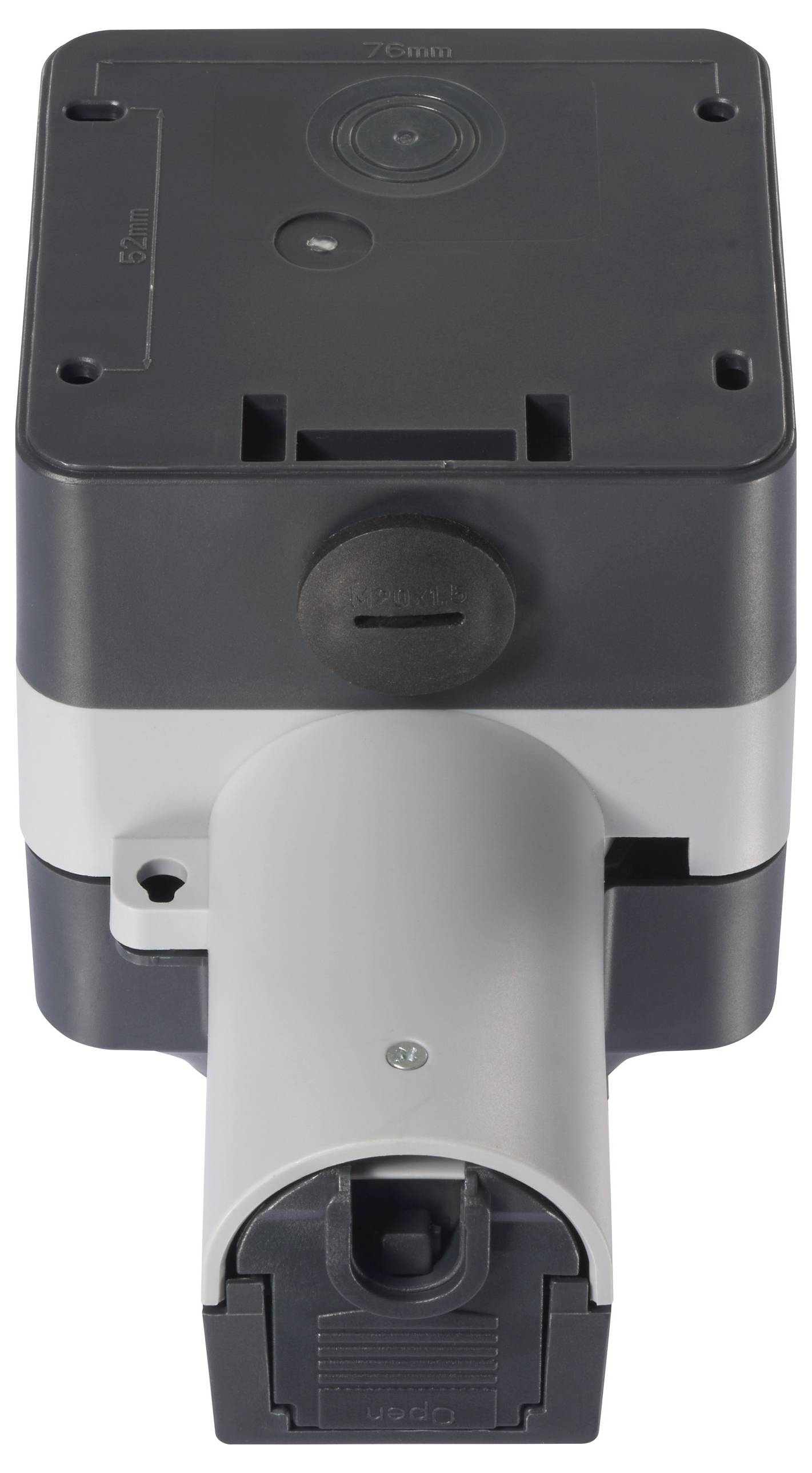 Ein graues und schwarzes Gerät mit rechteckiger Form und einem runden Element oben, möglicherweise ein elektronisches Bauteil.