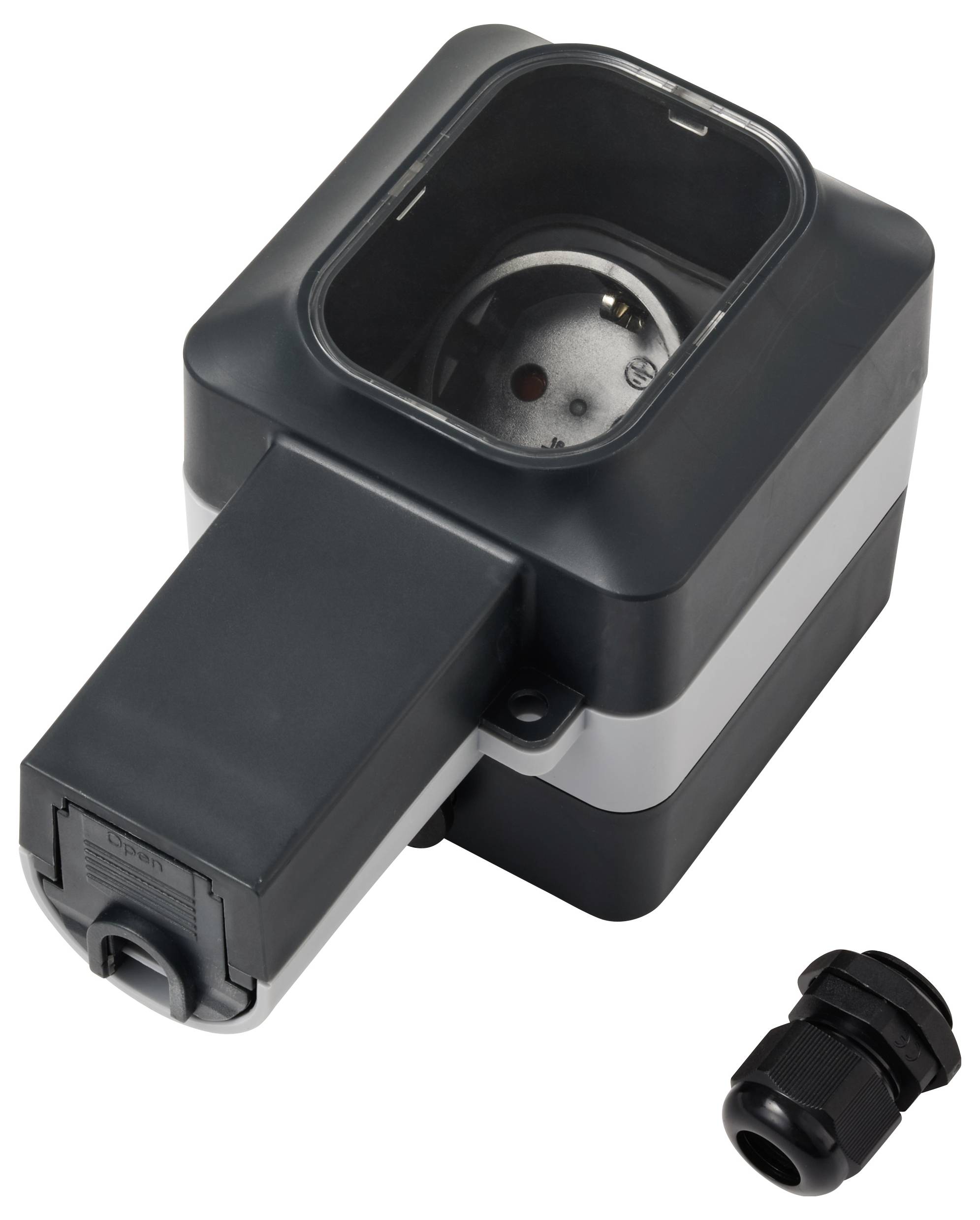 Elektrische Außensteckdose mit einem wasserdichten Gehäuse, geöffnet mit einer einzelnen Steckdose im Inneren. Eine Kabelverschraubung ist in der Nähe platziert.