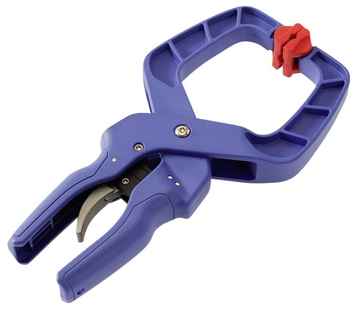 Eine große, blaue Federzwinge mit einem roten Verschluss an der Spitze, die zum Fixieren von Materialien beim Arbeiten verwendet wird.