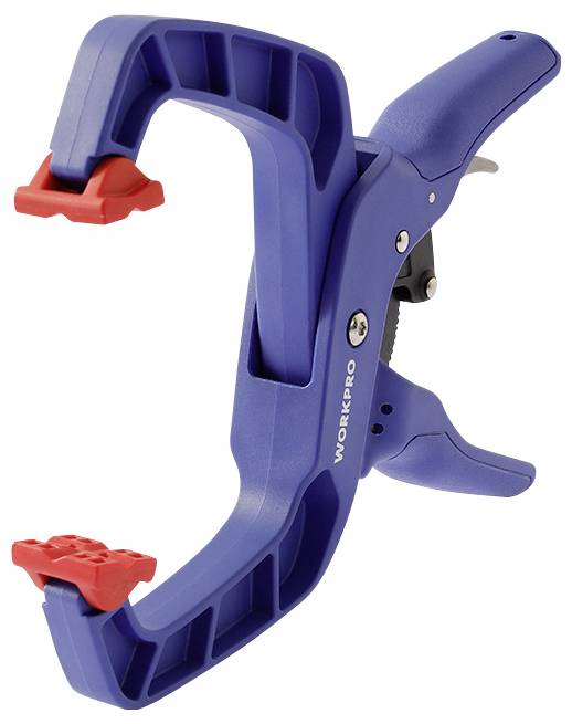Blauer Kunststoff-Schnellspannklemme mit rotem Gummikontakt und ergonomischem Griff, ideal für Holzarbeiten und Heimprojekte.
