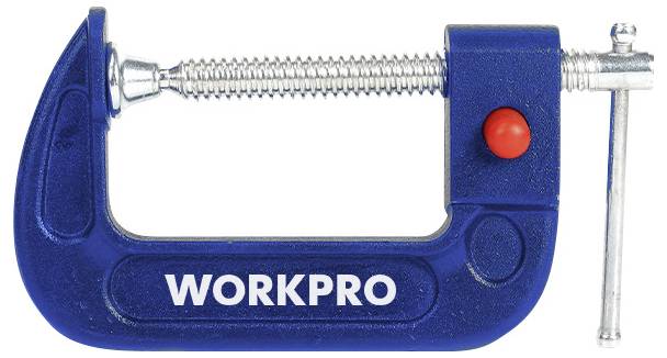 Blauer Schraubzwinge mit roter Schraube und dem weißen Schriftzug 'WORKPRO'.