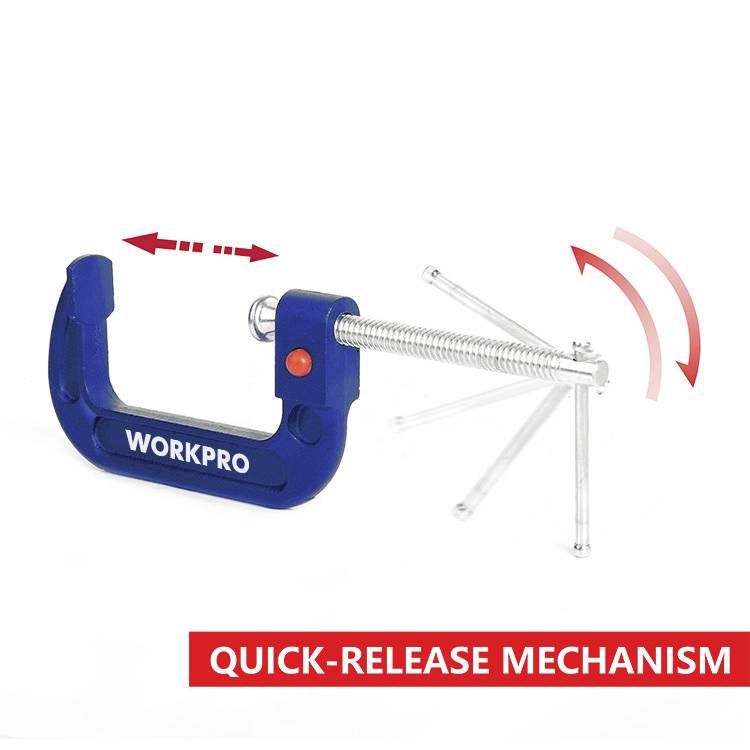 Ein blauer Schraubzwinge mit der Bezeichnung 'WORKPRO' zeigt den Schnellspannmechanismus mit einem Pfeil, der die Bewegungsrichtung angibt.