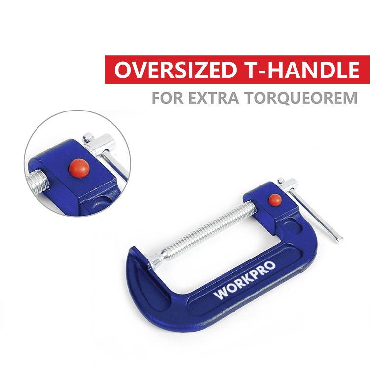 Blauer Schraubzwinger mit T-Griff, Marke 'WORKPRO', Text: 'OVERSIZED T-HANDLE FOR EXTRA TORQUEOREM', Detailansicht des Griffs.