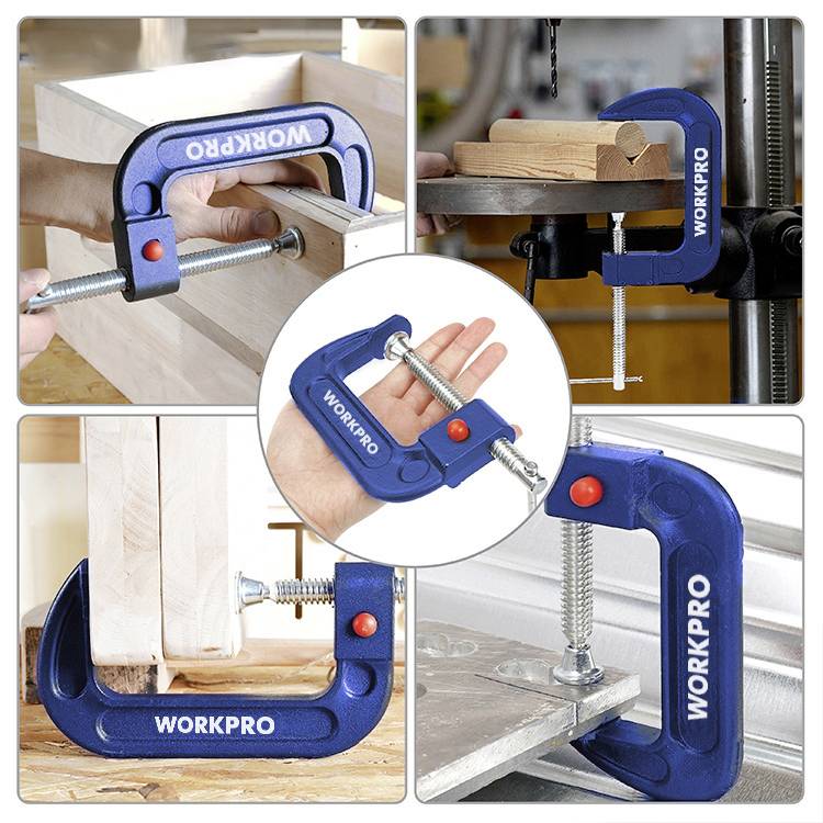 Vier Bilder zeigen blaue 'WORKPRO' Schraubzwingen, die Holzstücke bei verschiedenen Arbeiten sichern.