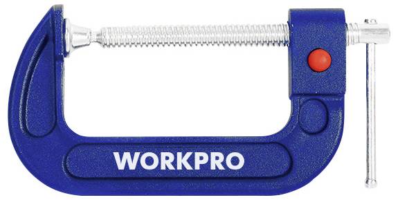 Ein blauer Schraubstock mit der Aufschrift 'WORKPRO'. Der Schraubmechanismus ist silbern mit einem Griff rechts und einem roten Knopf oben.