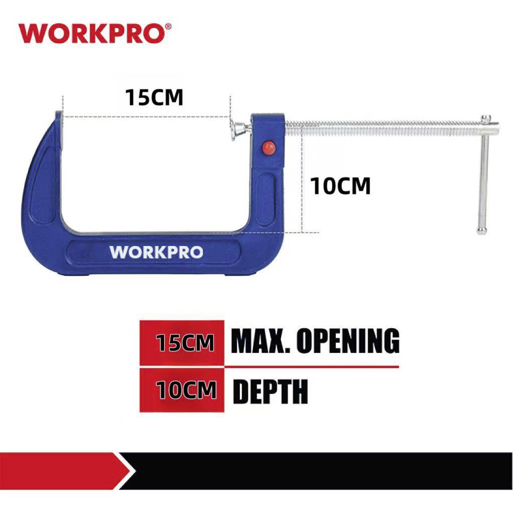 Ein blauer Schraubzwinge mit rotem Knopf der Marke Workpro, Maximale Öffnung 15 cm, Tiefe 10 cm.