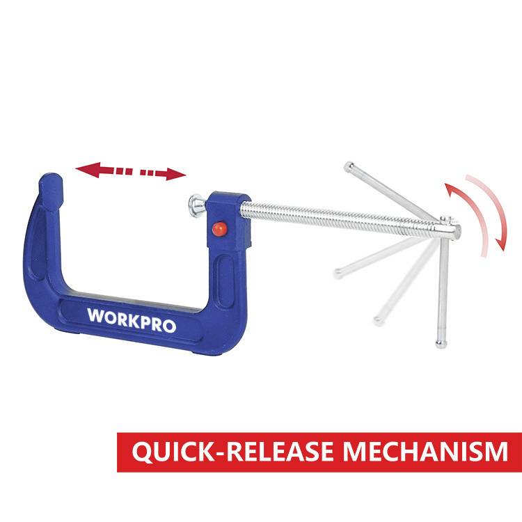 Ein blauer Schraubstock mit Schnellspannmechanismus, verstellbare Griffbewegung durch roten Schalter, Marke 'WORKPRO'.