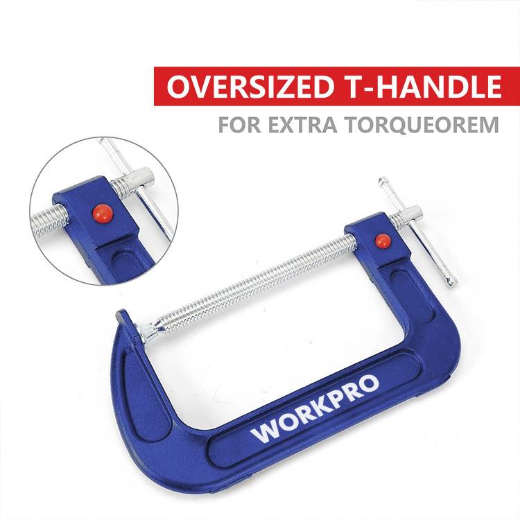 Ein blauer C-Clamp mit der Aufschrift 'WORKPRO'. Hervorgehobener roter Grifftext: 'OVERSIZED T-HANDLE FOR EXTRA TORQUE'.