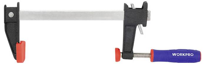 Ein C-Schraubzwinge mit rotem Griff und schwarzem Metallkörper. Der Griff ist mit 'WORKPRO' beschriftet.