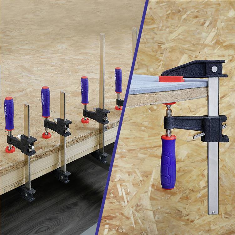Ein Tischler-Werkzeug hält Holzstücke fest. Links sind mehrere Klemmen in Reihe, rechts eine Detailaufnahme einer Klemme.