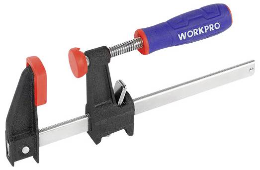 Schraubzwinge mit blauem Griff und 'WORKPRO'-Aufschrift. Sie hat eine schwarze Halterung und rote Klemmpolster, ideal zum Fixieren.