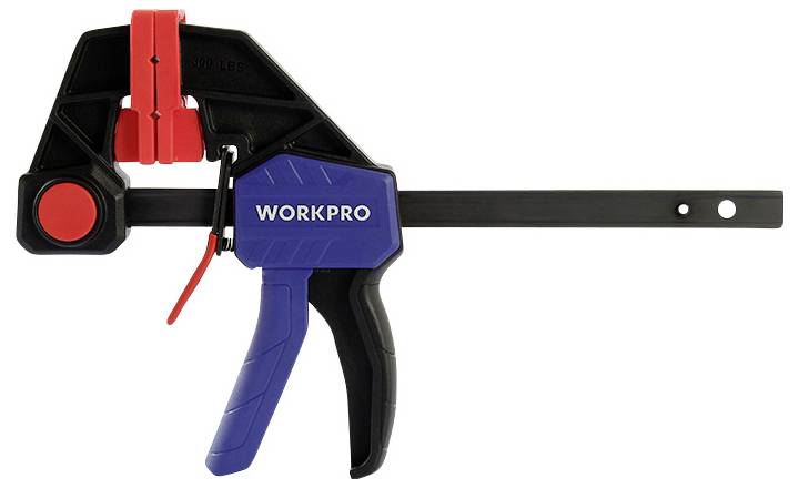 Ein einstellbarer Einhand-Schraubzwinge von WORKPRO, hauptsächlich in Schwarz und Blau mit roten Elementen, für Holzarbeiten.