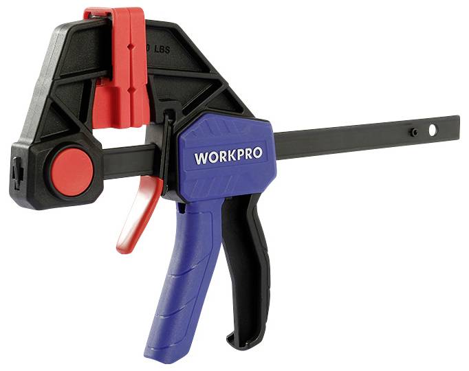 Ein Schnellspannzwinge der Marke Workpro mit blauem Griff und schwarzem Schienelement, geeignet zum Fixieren von Werkstücken.