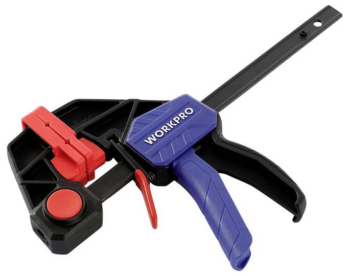 Eine blaue und rote Schnellspannklemme mit der Aufschrift 'WORKPRO', verwendet zum Halten von Gegenständen bei Holz- oder Metallarbeiten.