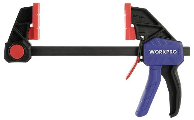 Werkzeugzwinge mit rotem Griff, blauer Hebel. Markenname 'WORKPRO' auf dem Griff. Geeignet für Arbeitslasten bis 300 LBS.